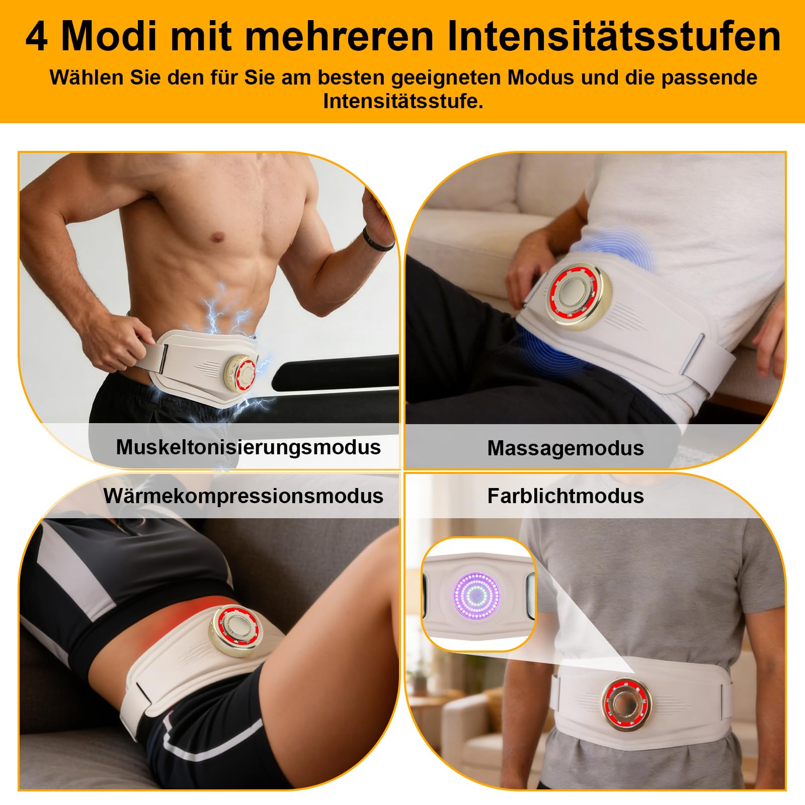 Ms.W EMS-Massagegürtel, Bauchmuskelstimulator und Muskelaufbau-Trainer mit 4 Modi, Mehreren Intensitätsstufen, Wärmekompresse und Farblicht, für Männer und Frauen