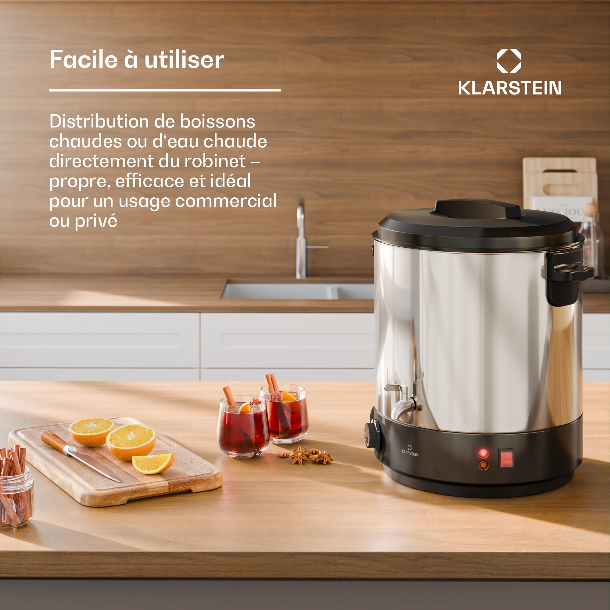 Klarstein Biggie Stérilisateur Mécanique Bocaux 25 L en Inox avec Robinet en Acier Inoxydable, 1800 W, 30–110 °C, Minuterie, Vin Chaud, Arrêt Automatique
