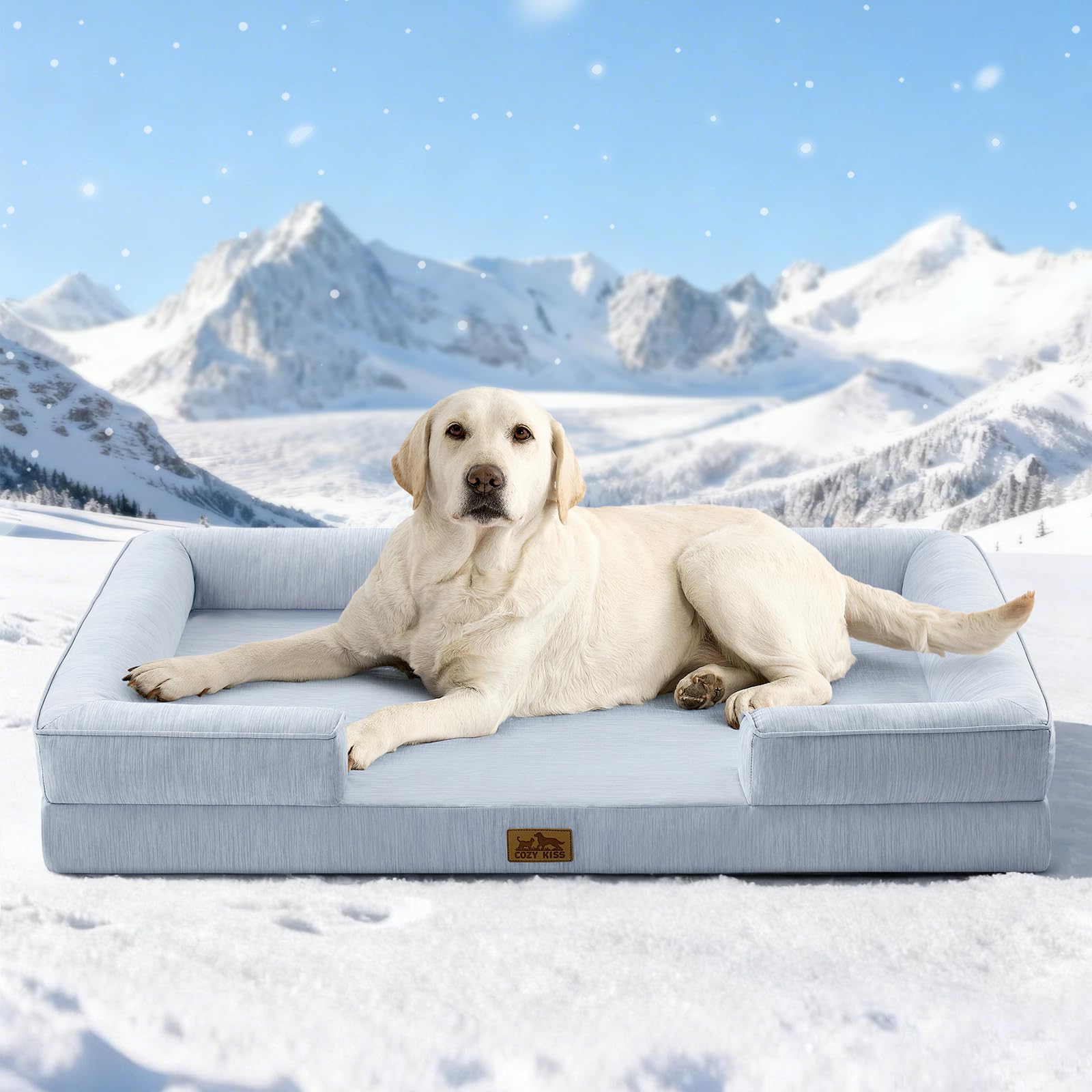 COZY KISS Cooling Dog Bed for Large Size Dogs, Q-Max >0.4 Summer Cool Orthopedic Foam Pet Sofa Bed with Sides, Bolster Anti-Slip Couch with Washable Removable Cover, XL 44x32x7 inch, Blue