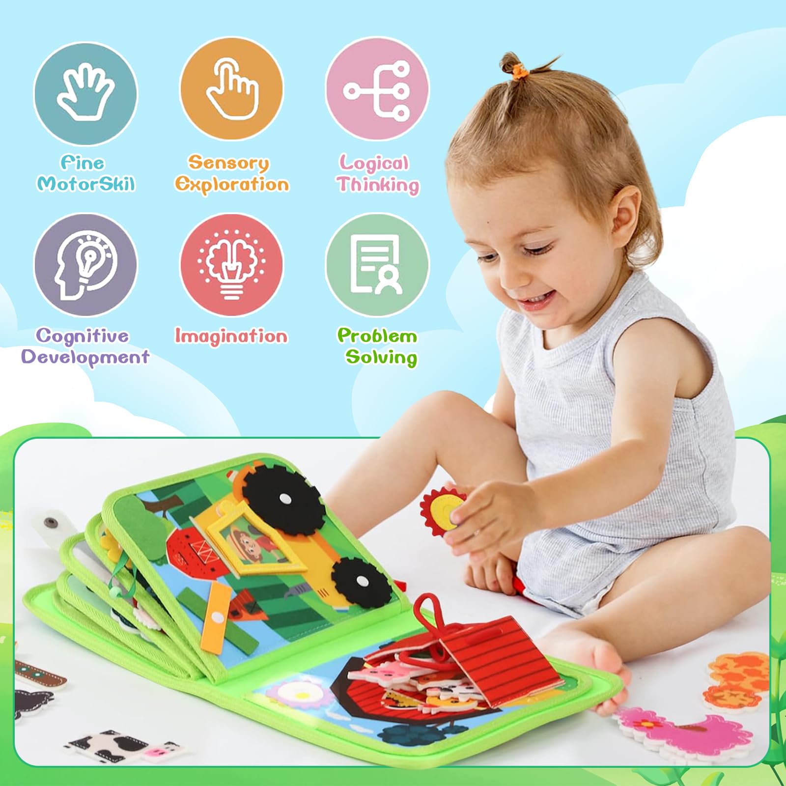 Busy Board Libro Montessori Interattivo 1 Anno, Quiet Book Sensoriale Educativo, Giochi da Viaggio per Bambini, Giochi Montessori 1 2 3 4 5 6 Anni, Pannello di Feltro attività Ranch Animals
