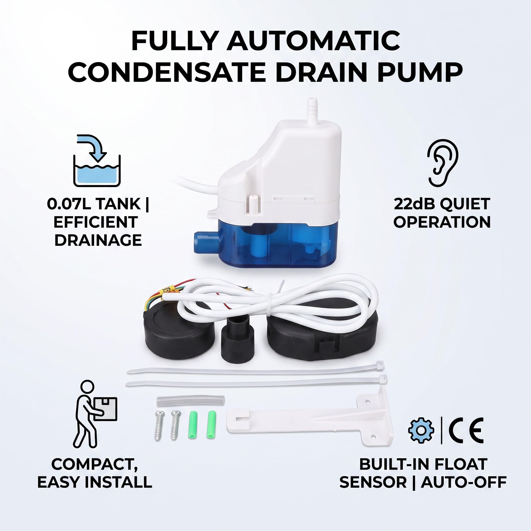 Bomba de Drenaje de Aire Acondicionado RS-24C, Bomba de Drenaje de Condensación, Tanque de Agua de 0, 07 L, Motor Silencioso de 24 L/h de 5 W con Pies de Absorción de Impactos