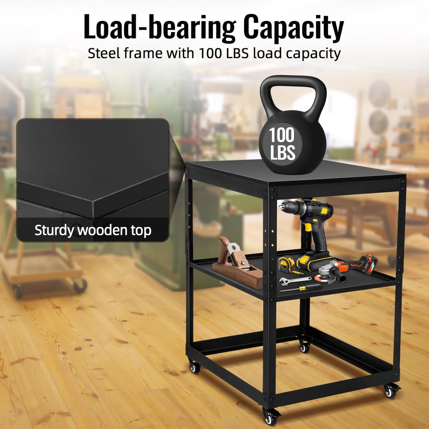 Tool Stand With Wheels, Casters & Melamine Wooden Table Top, Power Tool Stand For Miter Saw, Drill Press, Belt Sander, Bench Grinder, Band Saw, Scroll Saw, Planer