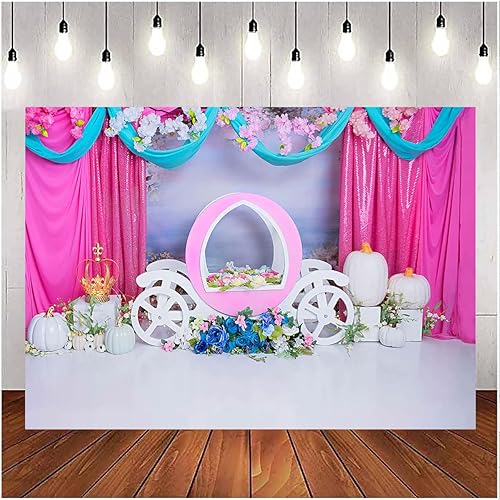 Telones de fondo para fiesta de primer cumpleaños para niña, corona dorada, calabaza, coche, flores, fondo de cortinas rosas, telón de fondo de un