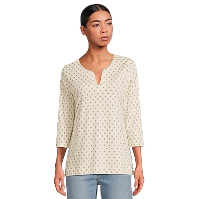 L.L.Bean Pima Tops Split Neck Tunic 3/4 Sleeve Print Women