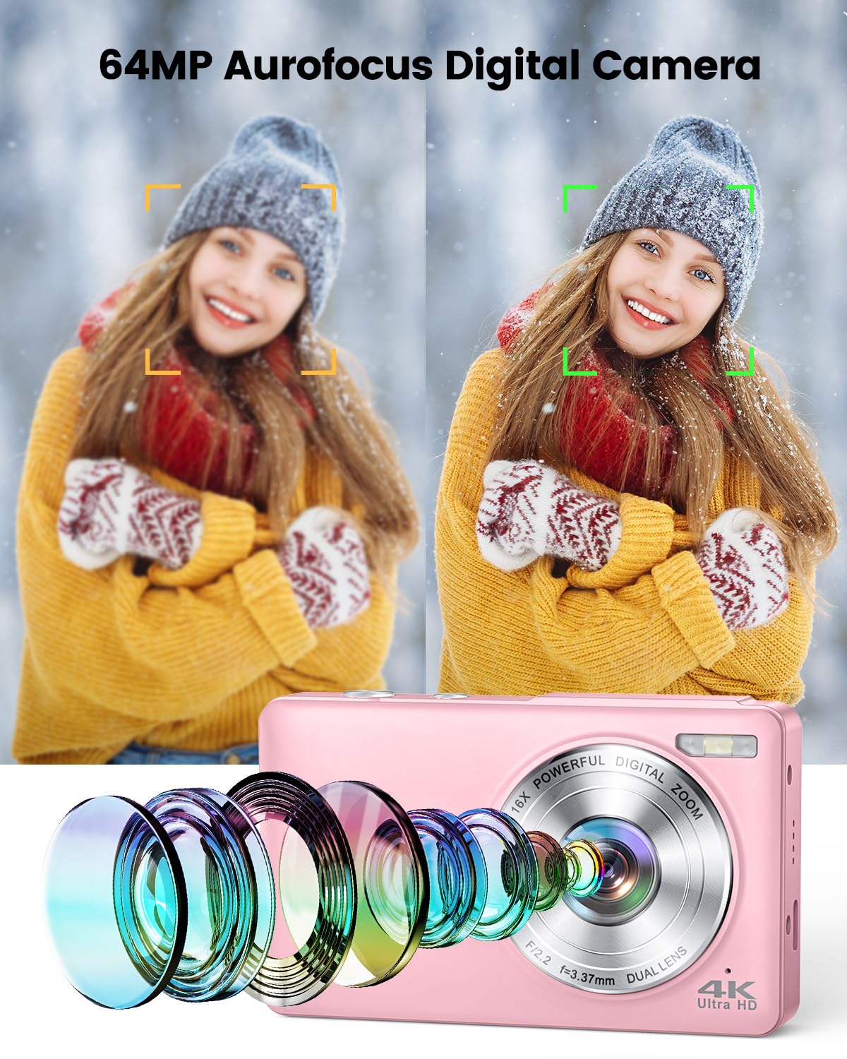4K Fotocamera Digitale 64MP Macchina Fotografica Digitale con Doppia Lente, Autofocus, Scheda 32 GB, Zoom Digitale 16x, Fotocamera Digitale Compatta con 2 Batterie, per Adolescenti e Principianti
