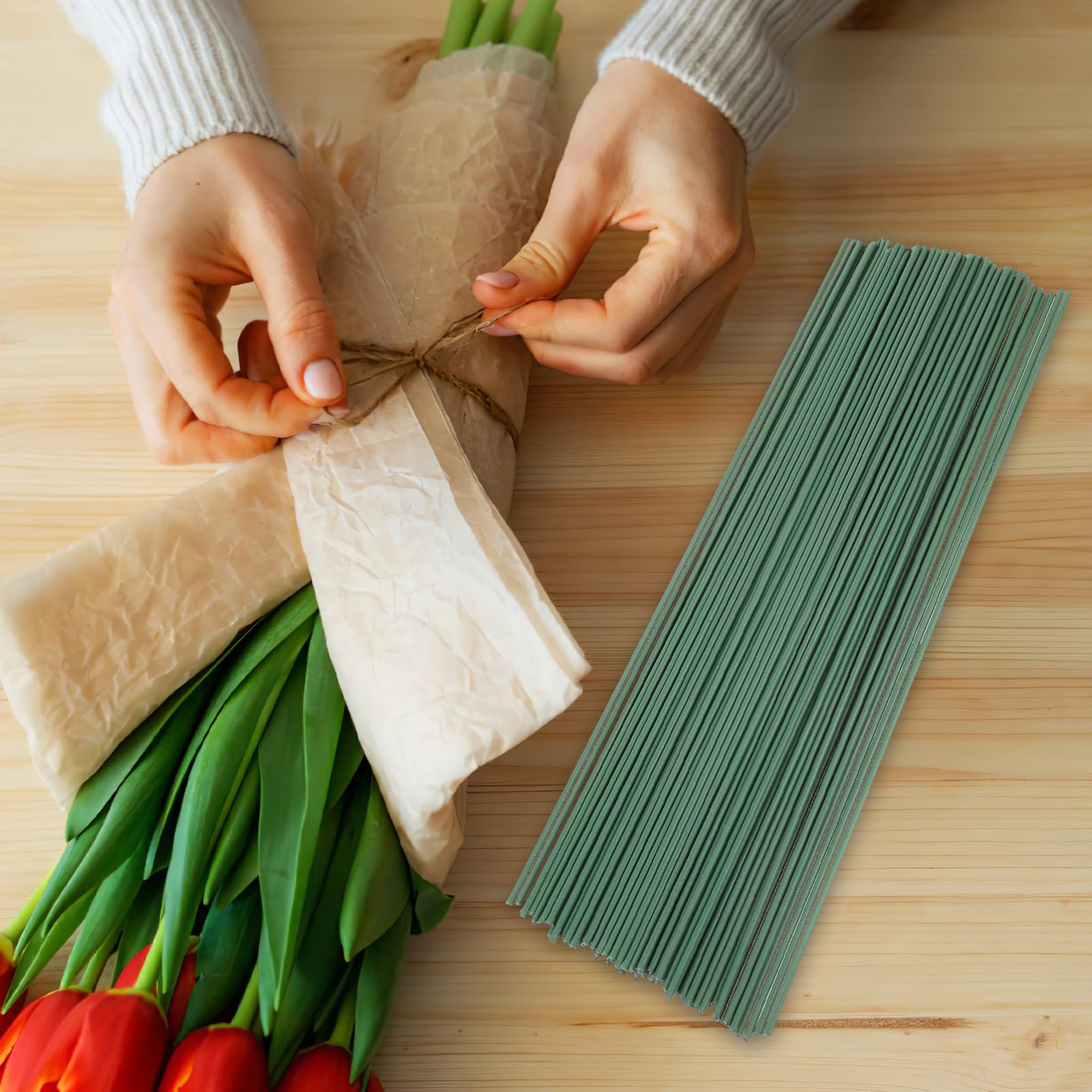 KONTONTY 100pcs DIY Artificial Flower Stems Green Floral Tape Wire for Mothers Day Arrangements