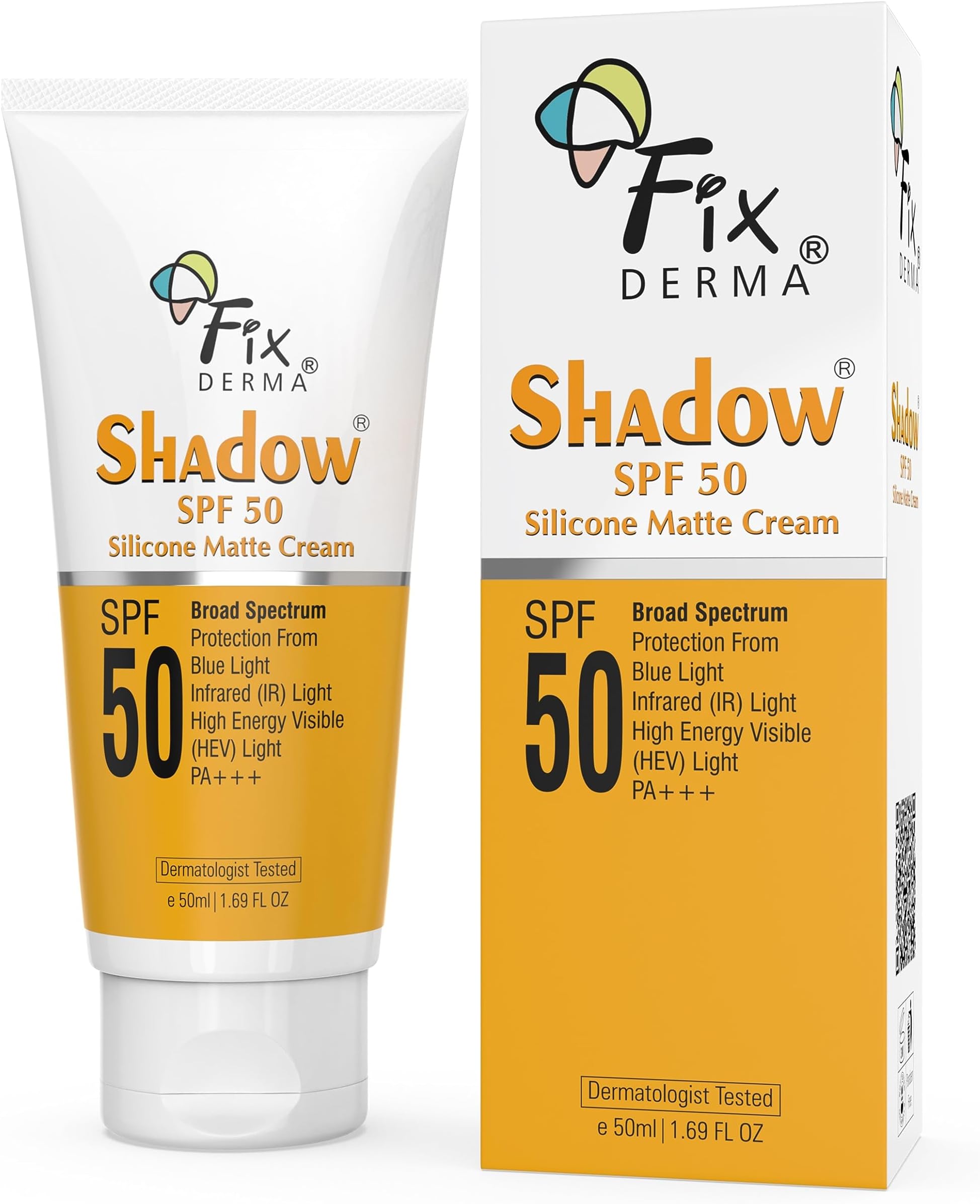Fixderma Shadow Sunscreen SPF 50 Silicone Matte Cream, Face sunscreen, Matte finished, Broad spectrum UVA and UVB protection, Non-greasy, Non-whitening & Non-comedogenic - 1.7Oz