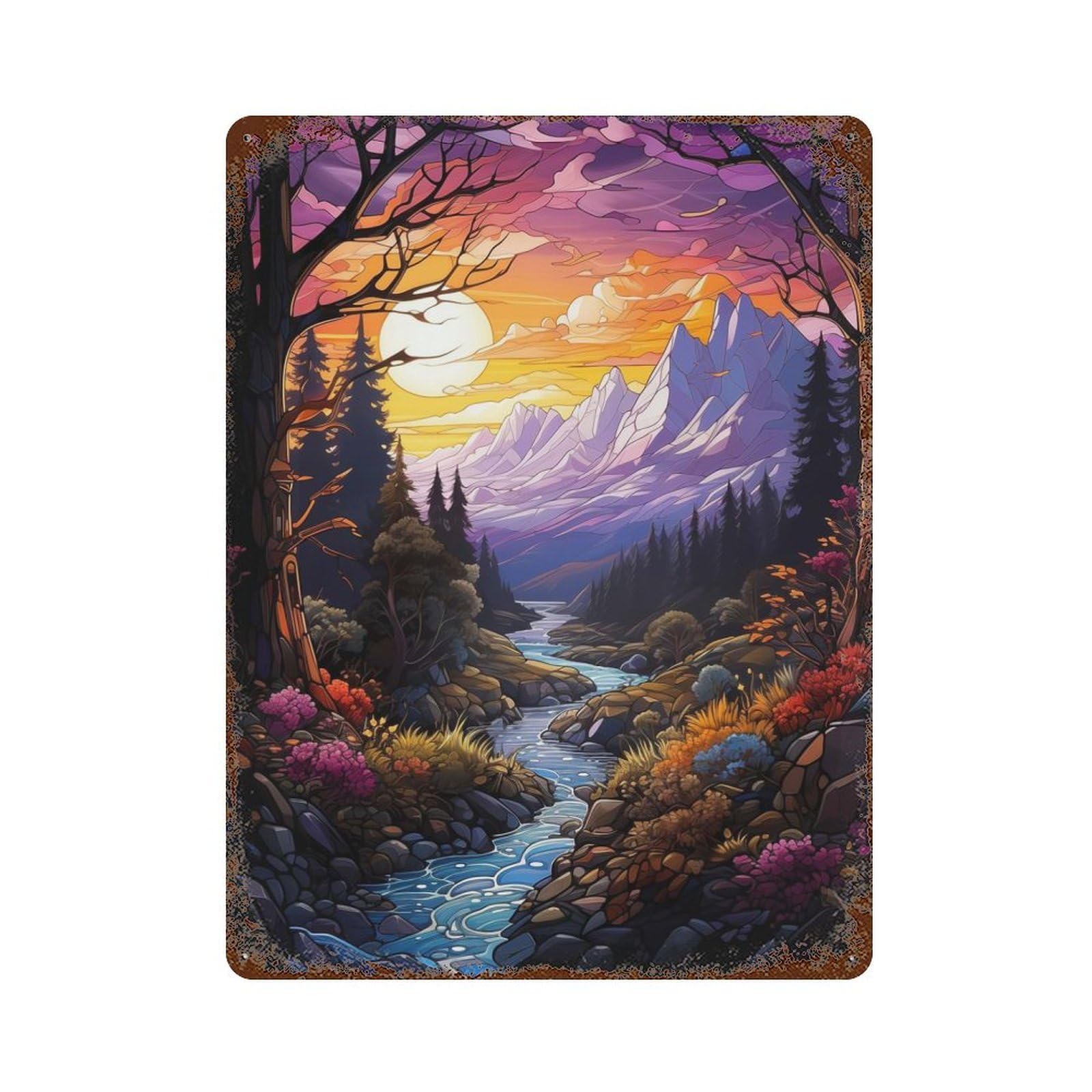 River And Sun Decorative Tin Sign 15.7"x11.8", Ideal for Cafe, Home Bar And Lounge Decor