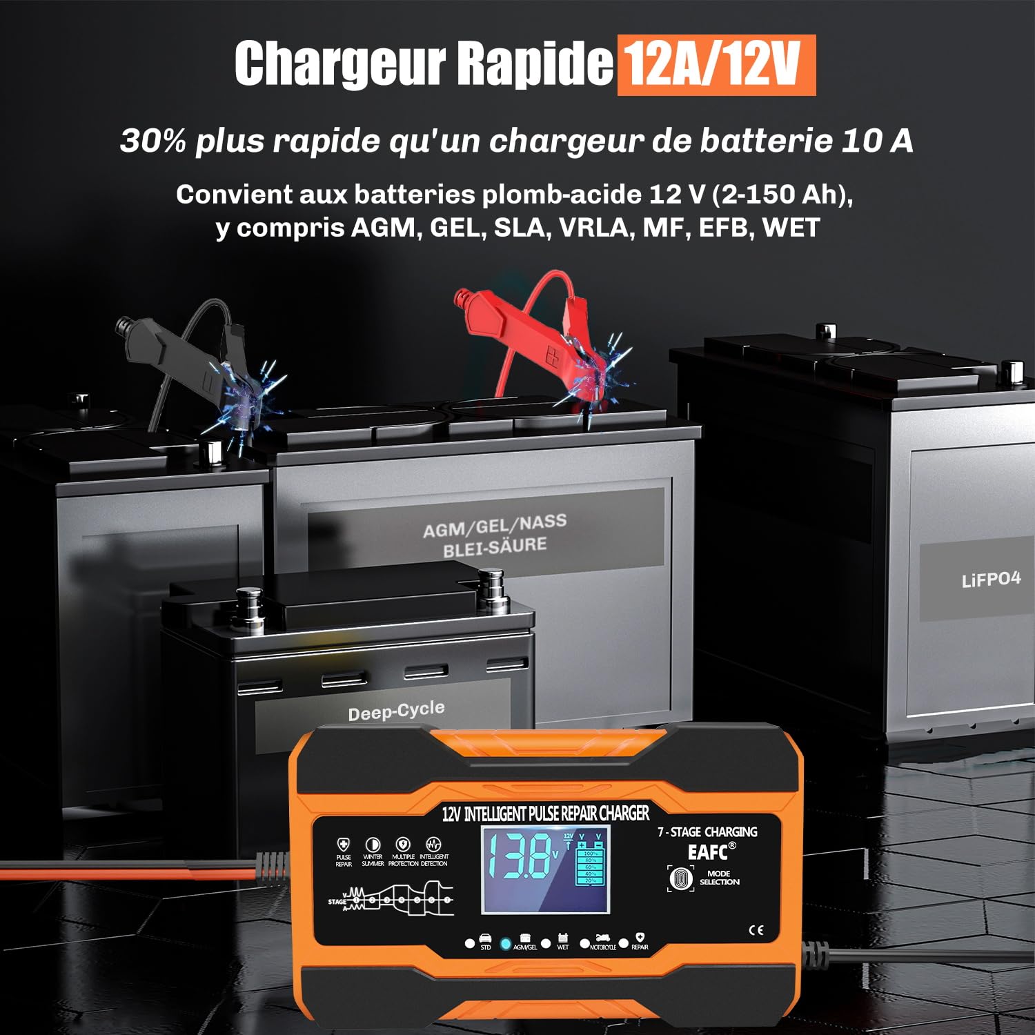 Chargeur de Batterie Voiture 12A 12V Intelligent, Maintien de Charge Batterie Voiture pour Batterie au Plomb, STD, AGM, Gel, SLA, Moto, Câble 2 m, Commande Tactile, Compensation de Température
