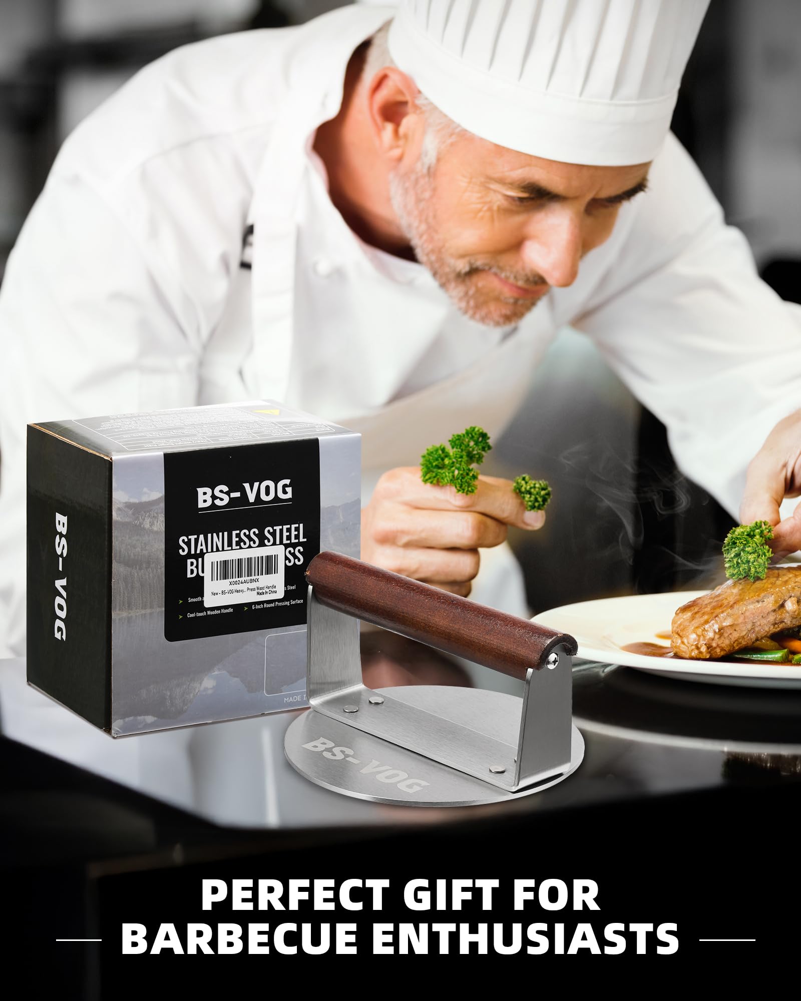 BS-VOG Smashed Burger Press, Pressa per Hamburger con Manico in Legno, 15.24 cm in Acciaio lnossidabile, Strumento per Grigliata, Carne, Patty, Steak, Bacon, ldea Regalo per Amanti del Barbecue