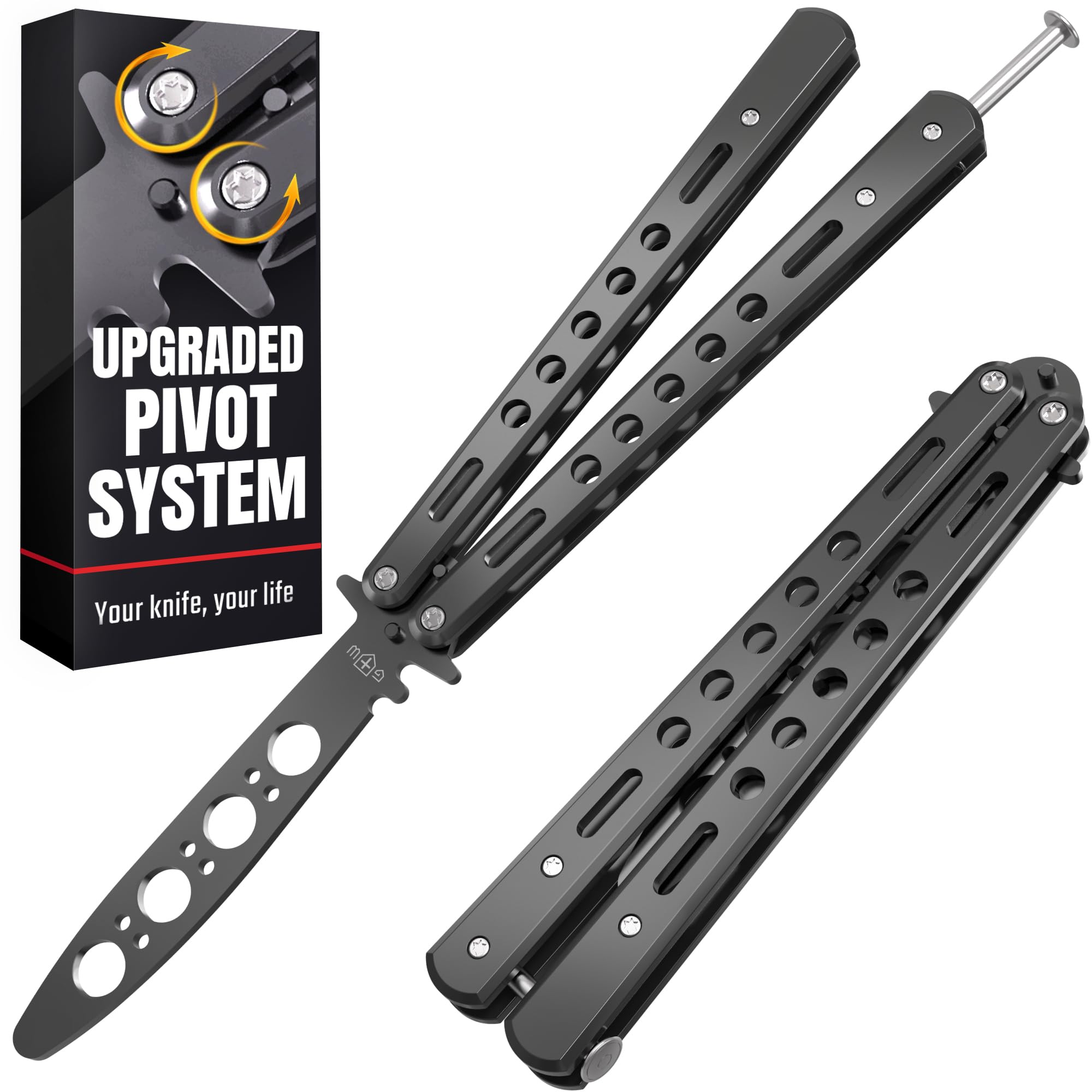 Butterfly Knife - Balisong Trainer - Black Practice Butterfly Trainer with Sure Spring Latch - Balisong Knives NOT Real NOT Sharp Blade - Full Stainless Steel Fake Dull Trick CSGO Fidget Toy K10B