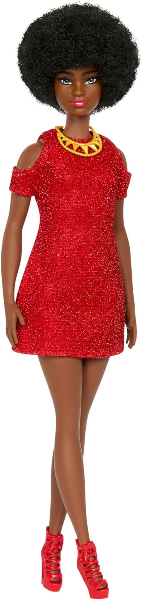 Barbie Fashionistas Doll #221 with Natural Black Hair Wearing Removable Red Dress & Accessories, 65th Anniversary Collectible Toy, HRH18