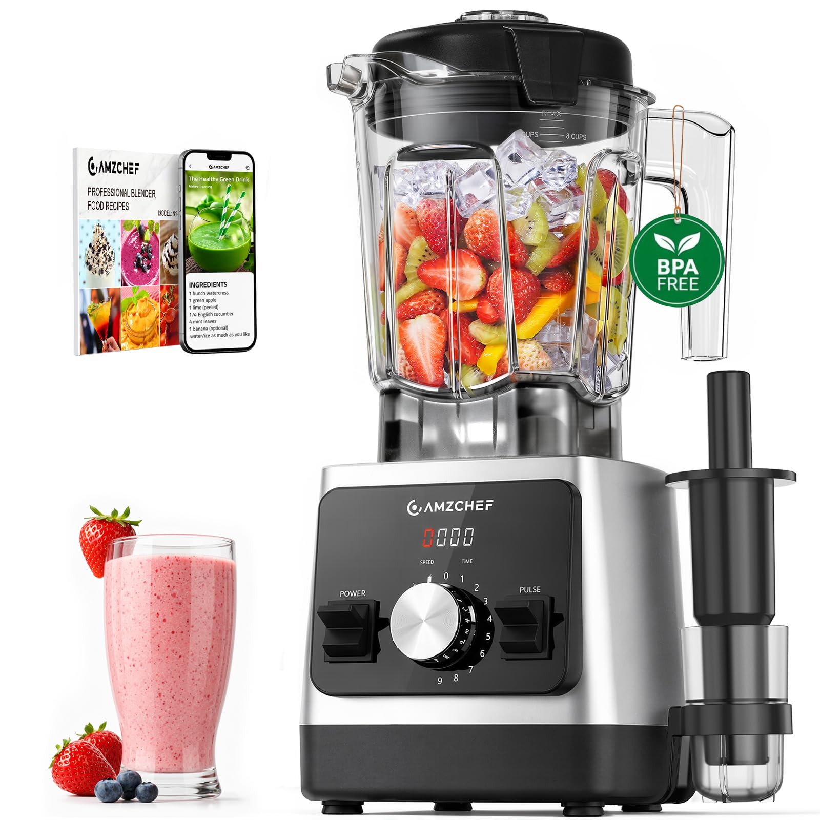 AMZCHEF blender 1800 W do smoothie, miska 2 l z tritanu, bez BPA, idealna do kruszonego lodu, mrożonych owoców i sosów, 5 wstępnie ustawionych programów i 9 prędkości [klasa energetyczna A+++]