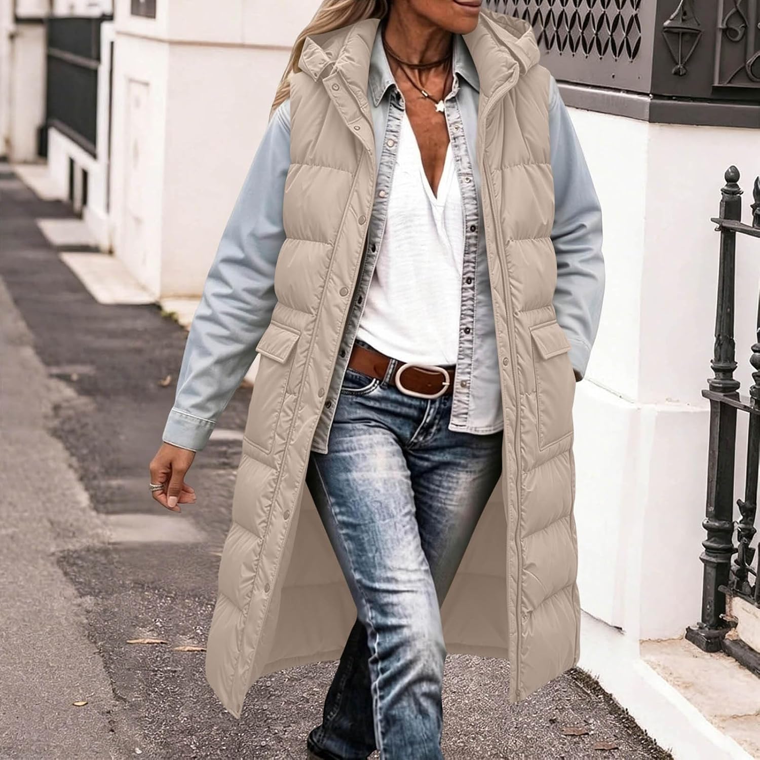 Women's Long Hooded Quilted Puffer Vest Full Zip Winter Jacket
