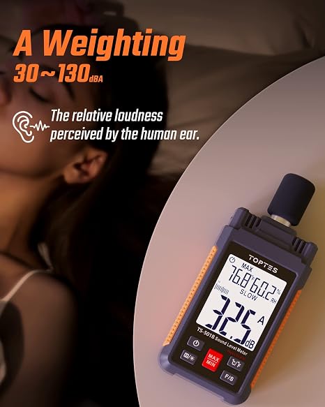 Decibel Meter, TopTes TS-501B Sound Level Meter with 2.25 Backlit LCD Screen, Portable SPL Tester with A/C Weighted, Range 30-130dB, MAX/MIN, Data Hold, Use for Home, Noisy Neighbor, Factory - Orange