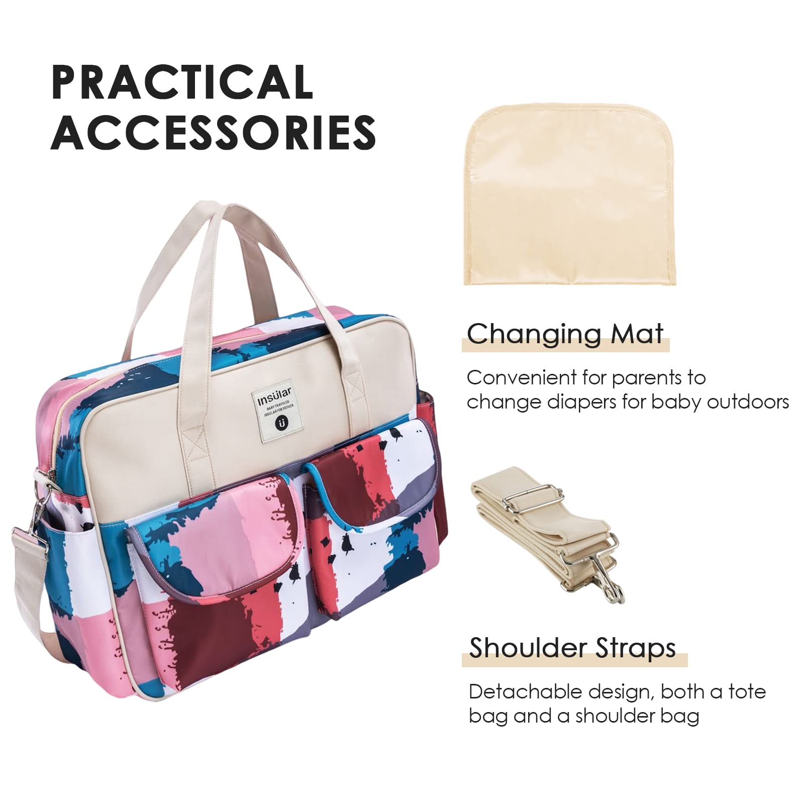 SONARIN Large Capacity Baby Nappy Changing Tote Bag,Multi-Function Waterproof Baby Changing Bag Satchel Messenger Bag Travel Diaper Bag with Shoulder Strap & Changing Mat(Color Stitching) - Image 4