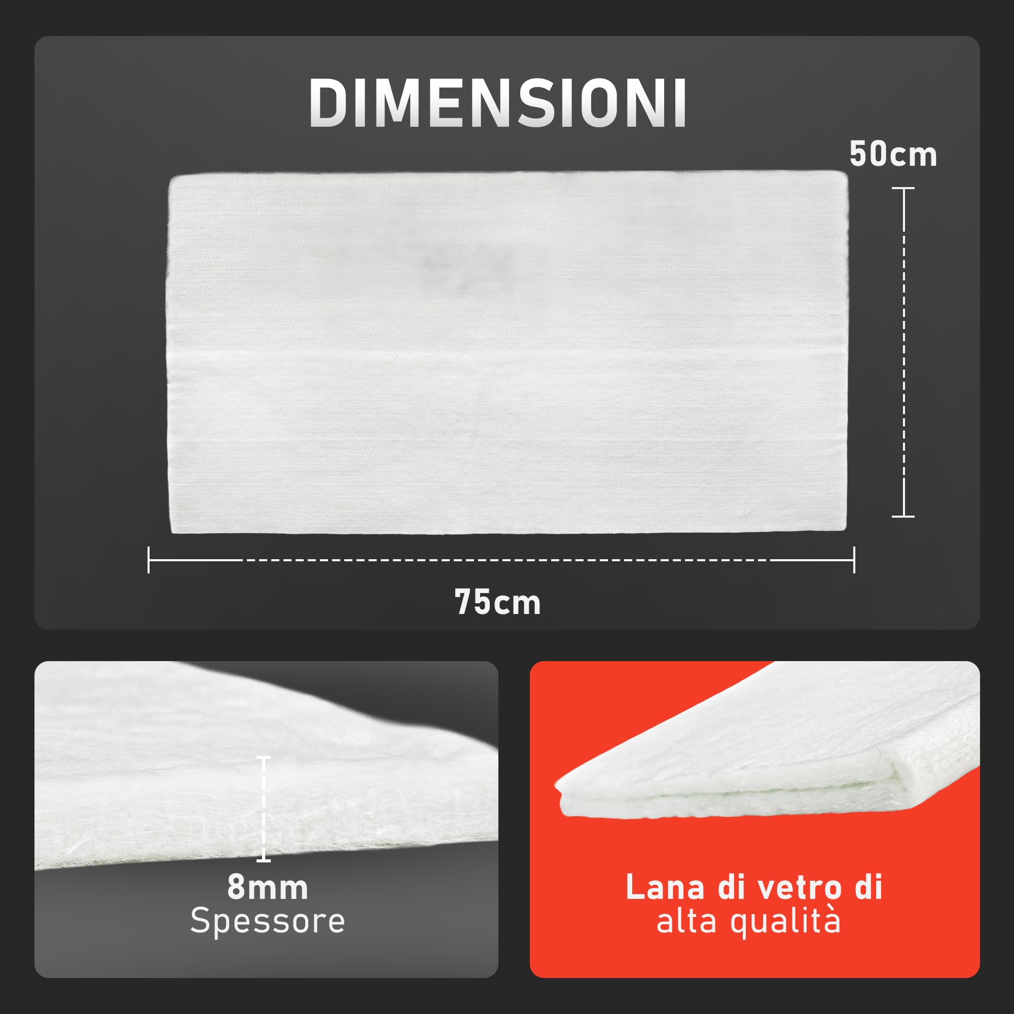 Lana di Vetro 50x75 cm - Spessore 8 mm | Resistente fino a 800 °C | Lana di Vetro per Marmitte | Adatta per Enduro, Quad e Scooter (Pack 2)