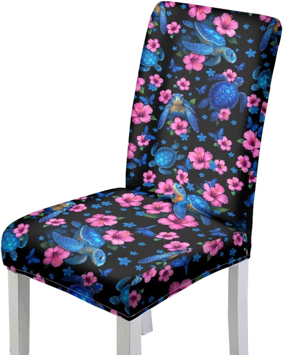 Turtle Hibiscus Print Dining Room Chair Cover Stretch Slip Covers for Dining Chair Comfortable Seat Parson Chair Slipcover for Kitchen, Hotel, Restaurant-4 Pcs