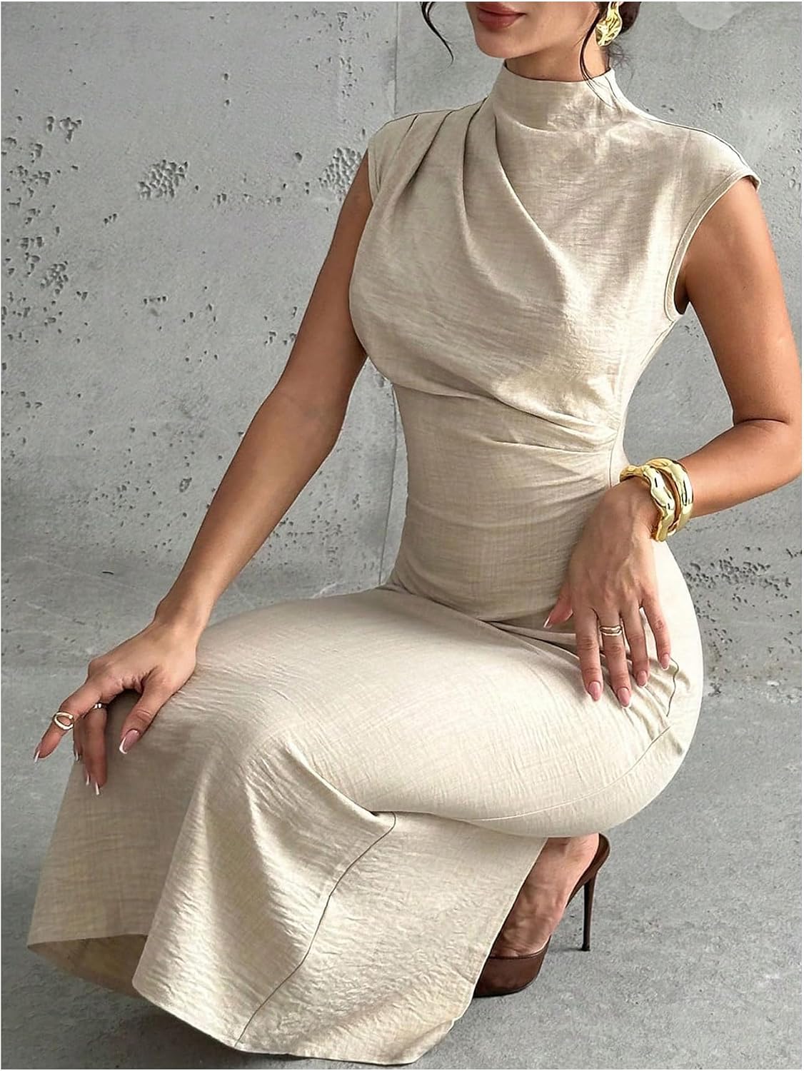 OYOANGLE Women's Cap Sleeve Bodycon Long Dress Mock Neck Ruched Slit Hem Formal Evening Party Dress