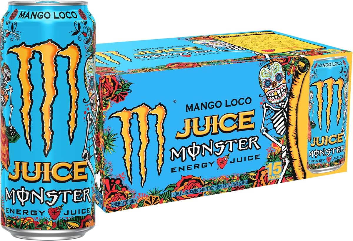 Energy Juice Monster Mango Loco, Energy + Juice, Energy Drink, 16 Ounce (Pack of 15)