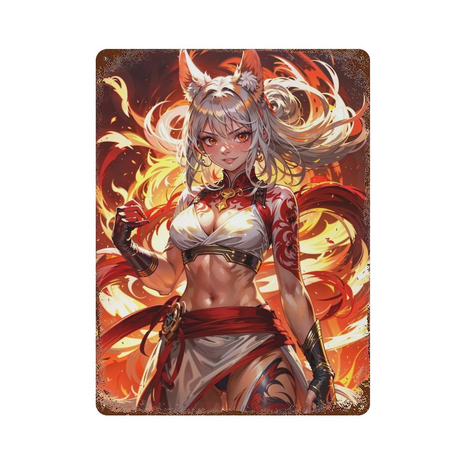 Rustic Tin Plaque Female Kitsune Brawler 15.7"x11.8", Vintage Wall Decor for Pub, Kitchen And Man Cave Decor