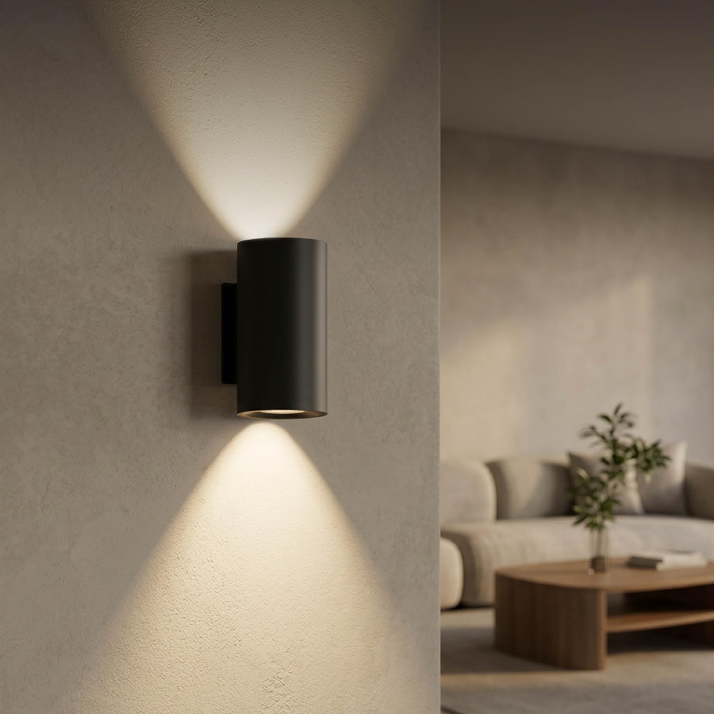 CALEX Applique da Parete Valmer, Interno ed Esterno, Ricaricabile, LED Integrato, Forma Cilindrica, Illuminazione Up & Down, Impermeabile, Nero, Confezione da 2
