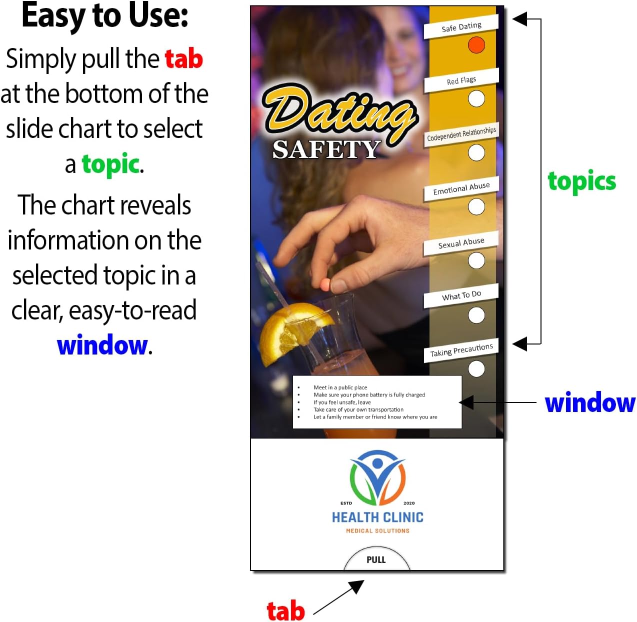 ZOCO – Dating Safety Slide Charts – Pack of 250 – Custom Logo & Text – Healthy Relationships & Dating Violence Awareness Handouts for High Schools & Colleges – 3.75 x 8.5 Inches