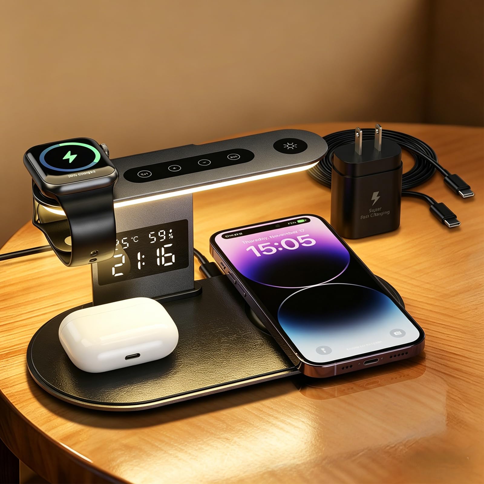 Stazione di ricarica wireless 3 in 1, supporto per caricabatterie rapido con adattatore QC 3.0, luce notturna a 3 livelli per smartphone, auricolari, smartwatch