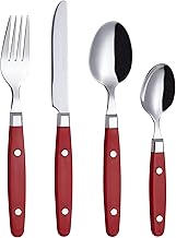 EXZACT Besteckset 24-teilig Edelstahl - mit Niet-Bastelgriffen/Besteck im Retro-Stil - 6 x Essgabeln, 6 x Essmesser, 6 x Esslöffel, 6 x Teelöffel - 6 (Rot)