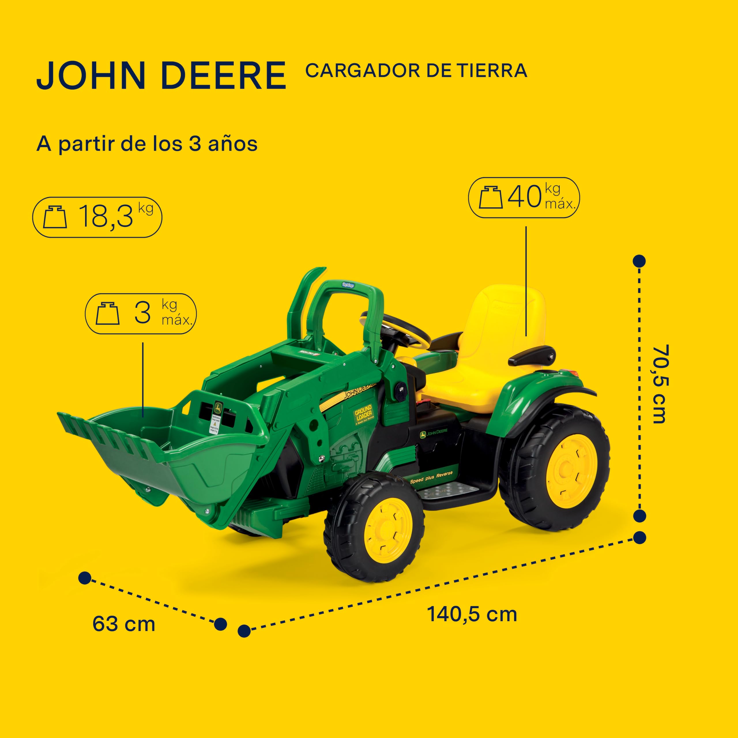 Peg John Deere Ground Loader Tractor Eléctrico Montable para Niños 3+ Años con Batería Recargable 12V, Radio FM y Pala Delantera Funcional
