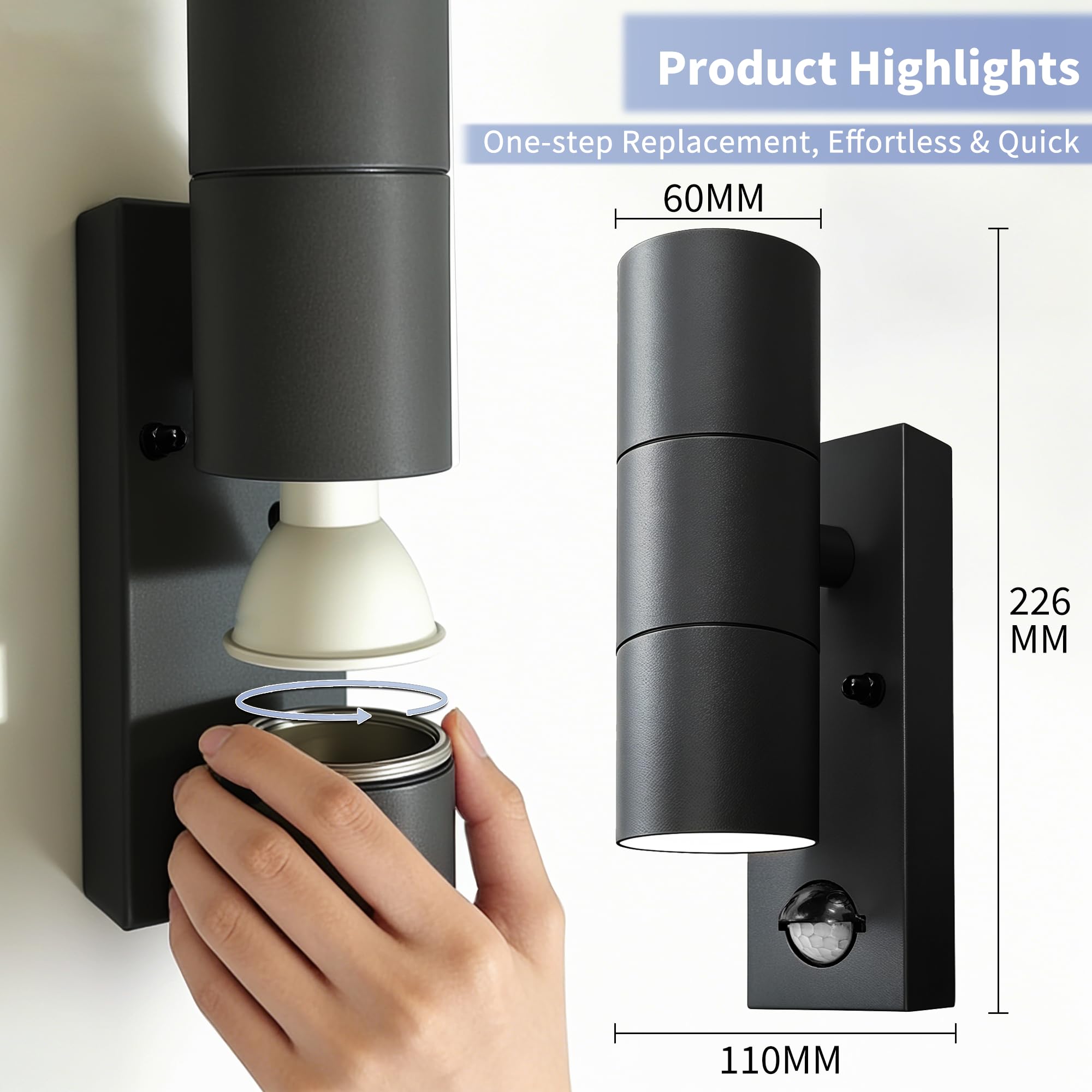 PIR Außenlampe mit Bewegungsmelder Up and Down 230V GU10 | Edelstahl Wandlampe Aussen mit 4×5W GU10 Glühbirne(3000 K),IP54 Wasserdichte LED Aussenleuchten Hauswand,2Stück-Schwarz