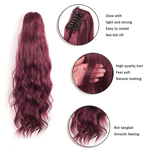 Miniatura 3 de Extensión de cola de caballo, clip de garra, color borgoña, extensión larga, rizada, cola de caballo, extensiones de cabello sintético sintético de
