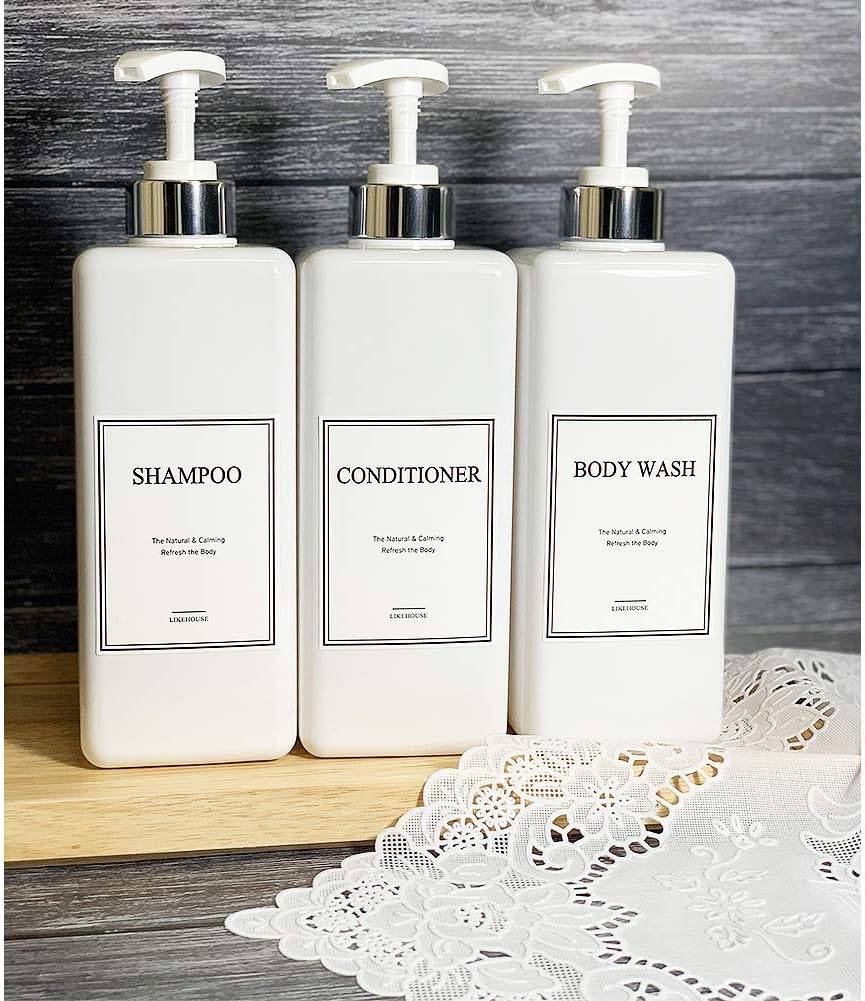 CNC 27.05 oz Pump Bottle of The Bathroom, 4 Waterproof Label Sticker, Pack of 3 Shower Plastic Bottles, Soap Dispenser (Silver-White) : Everything Else