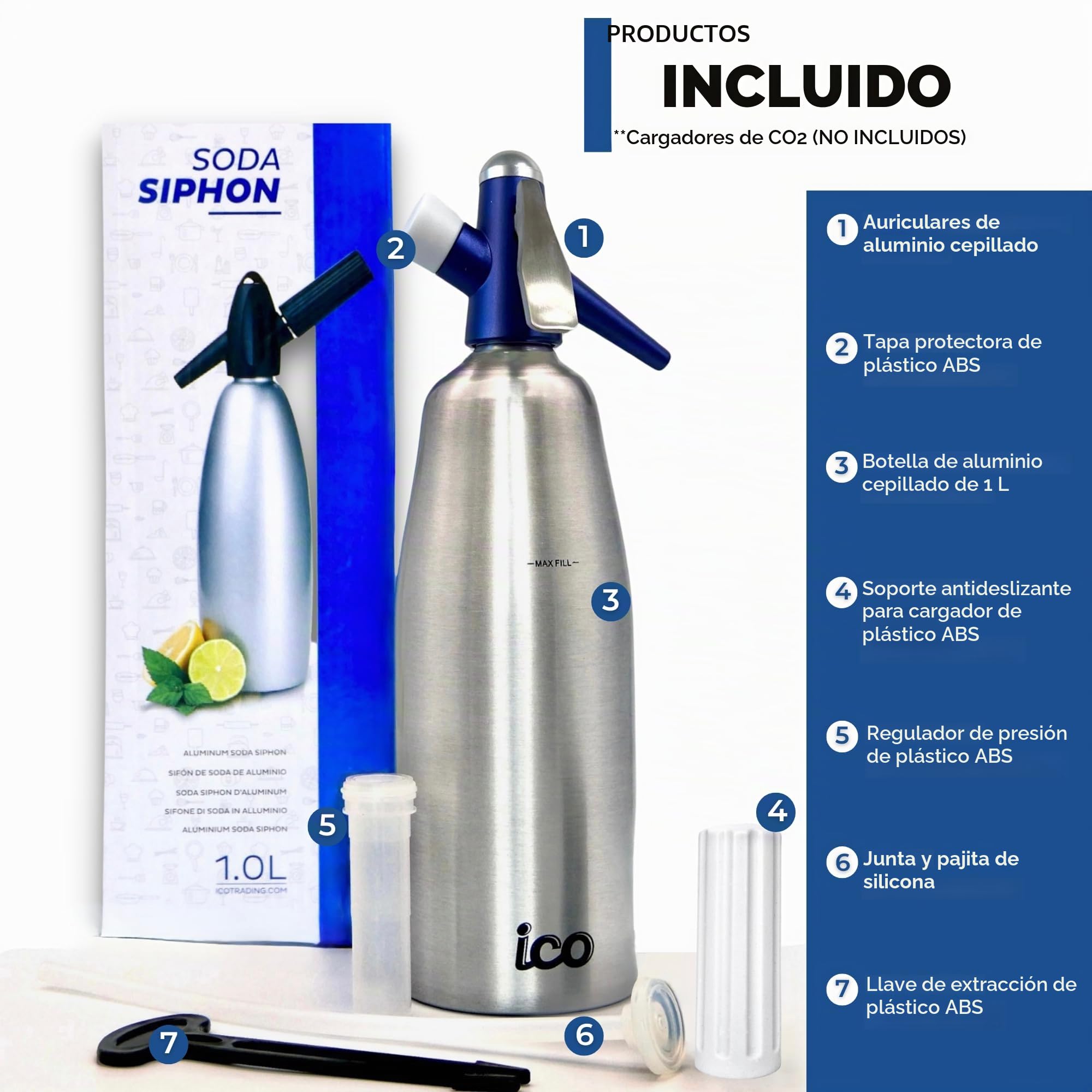 Sifón profesional de soda y agua con gas (1 litro), con libro ilustrado de recetas de cócteles (idioma español no garantizado)