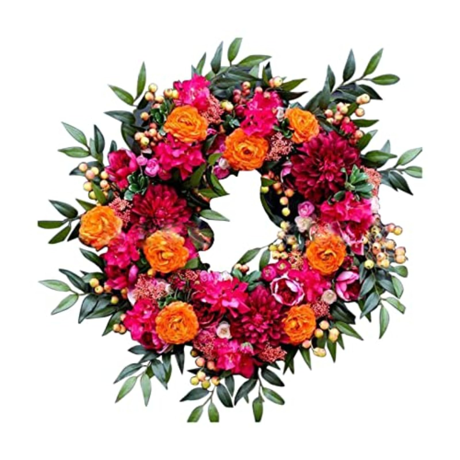 Artificial Summer Wreath 40cm Bright Pink Orange Dahlia Floral Wreath with Berries, All Season Wreath for Front Door Home Decor (40CM)