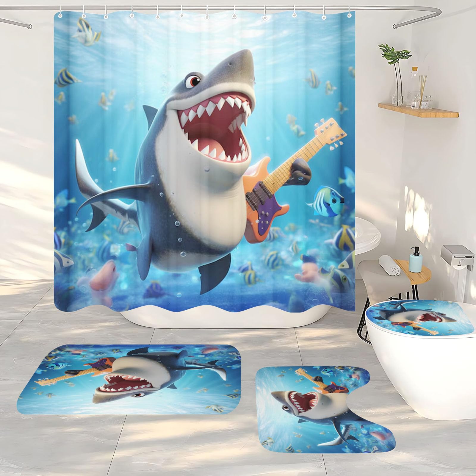 Rideau de douche - Motif océan - Thème requin - Baleine - 180 x 200 cm - Bleu - Mer profonde - Multicolore - Monde sous-marin - Requin tortue et poisson - En textile imperméable (3, 180 x 200