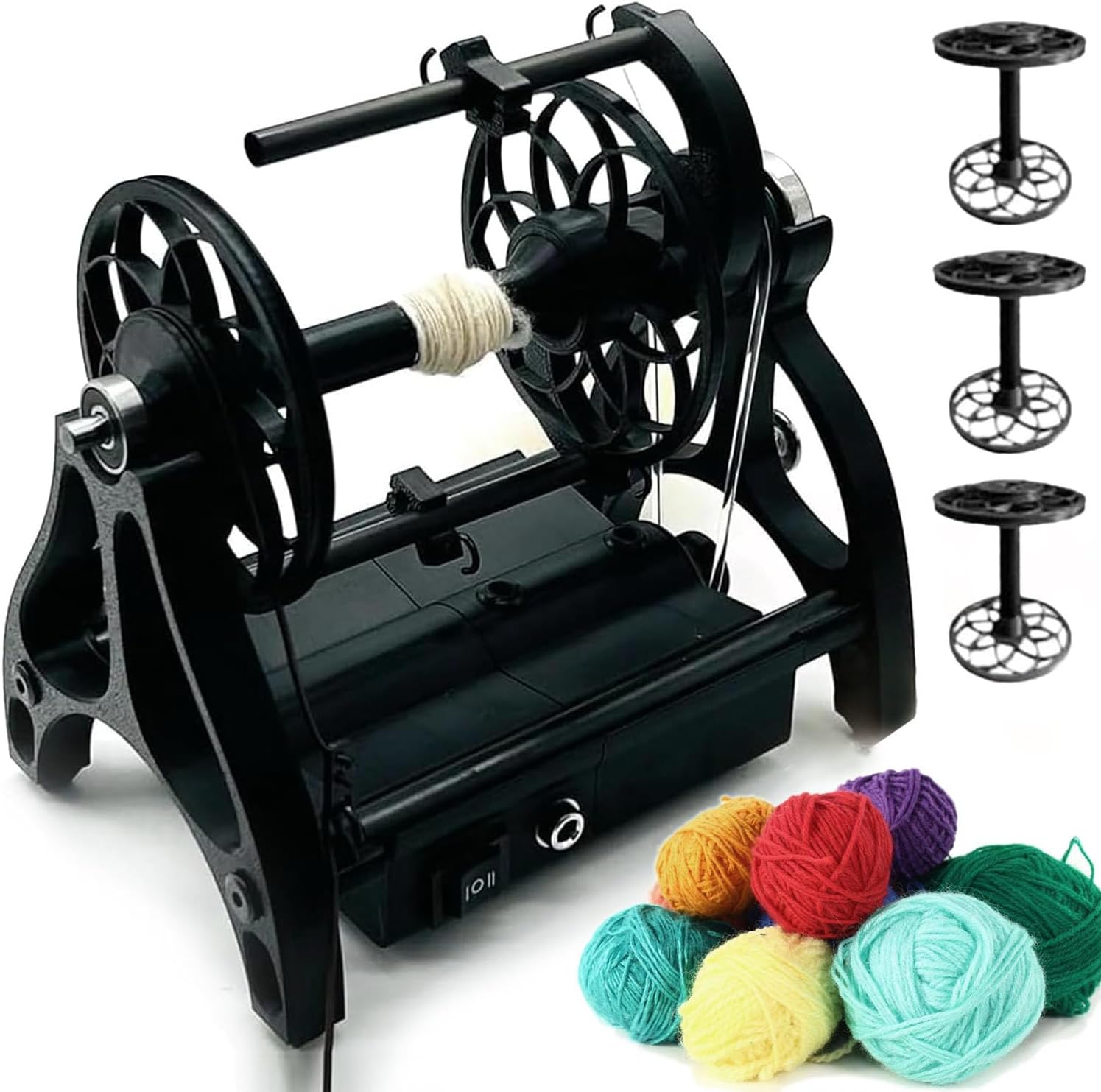 Household Electric Spinning Wheel, 800Rpm Adjustable Speed Wool Yarn Winding Machine with 3 Spools, for Yarn Weaving Black (Black)