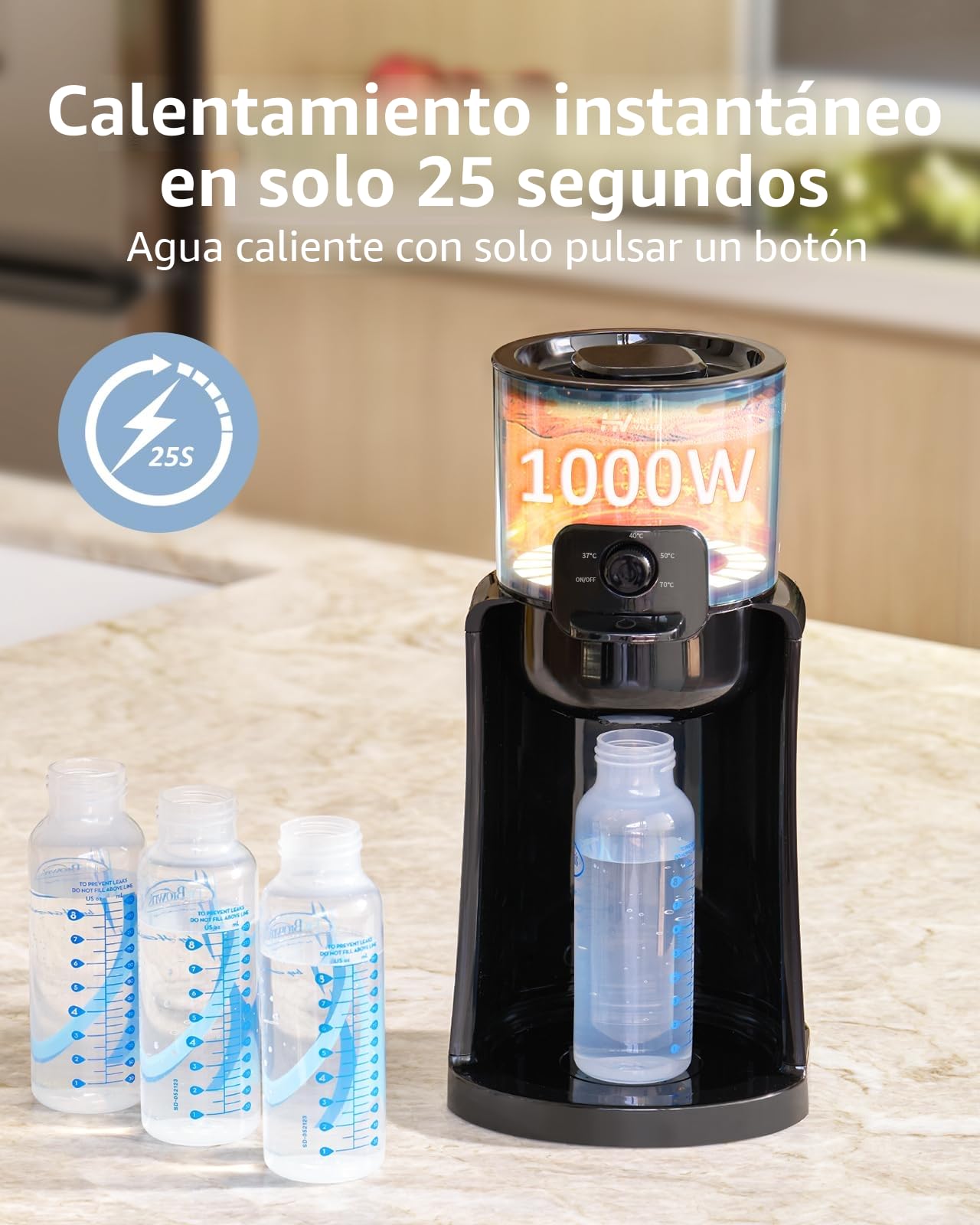 HEYVALUE Preparador de Biberones Instantáneo, Calentador de Agua para Leche de Fórmula, Listo en 25s 4 Temperaturas (37-70°C) Termostato 72H, Dispensador de Agua para Bebés sin BPA, Luz Nocturna Negro