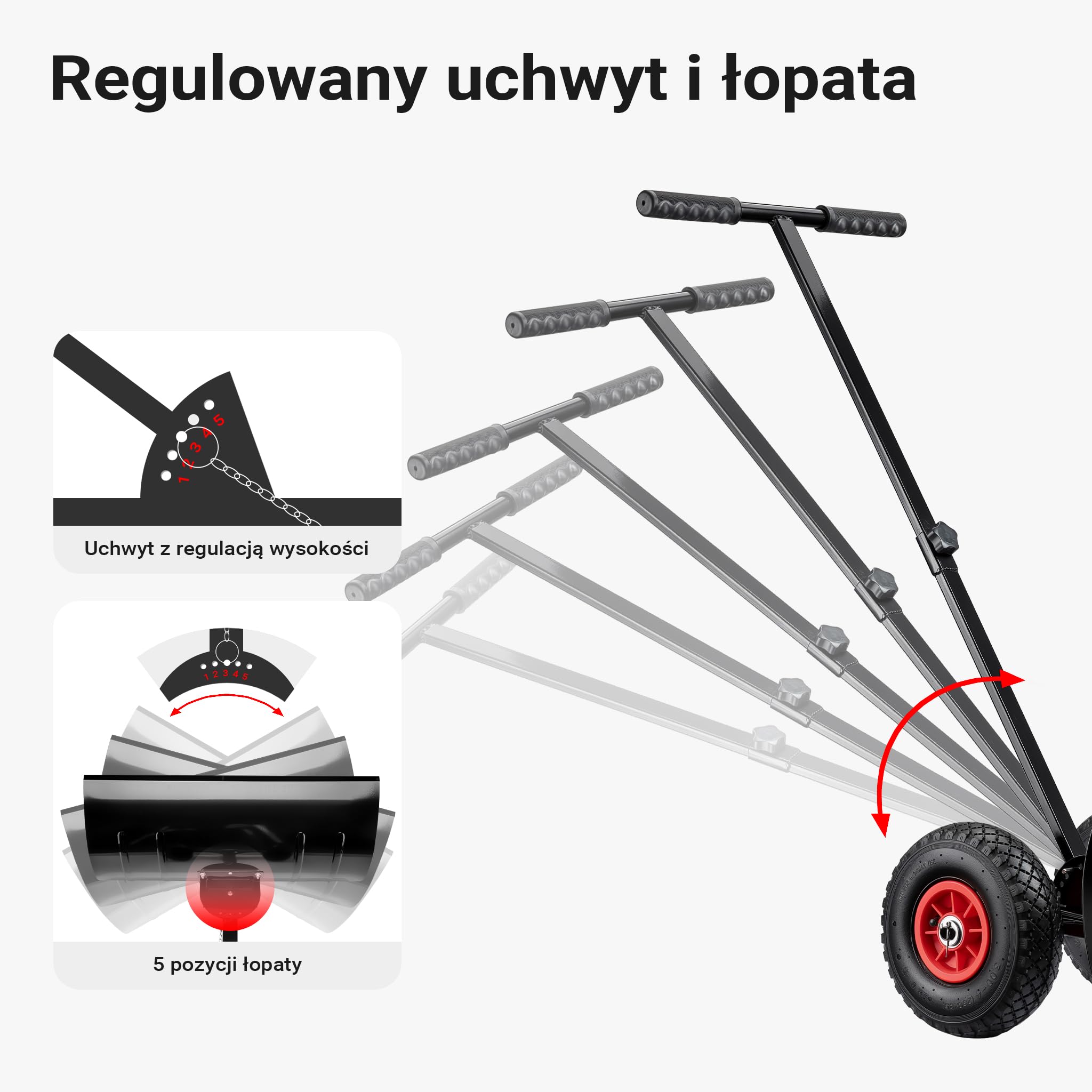 Wiltec Łopata do śniegu o wymiarach 74 x 43 cm ze stali, łopatka na kołach pneumatycznych 10″ z ruchomym kijem, szufla do odśnieżania