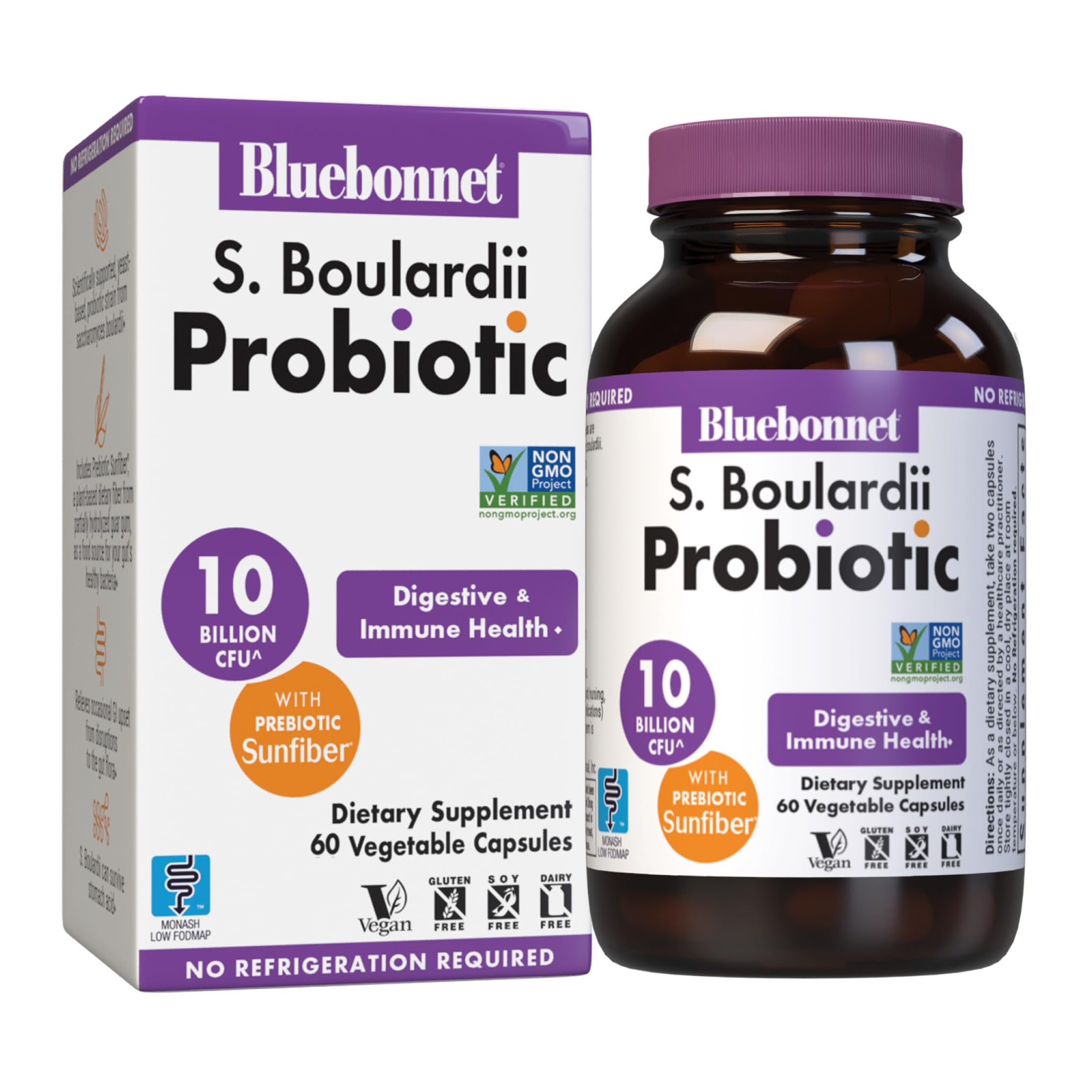 BlueBonnet Nutrition S. Boulardii Probiotic 10 Billion CFU^ w/Prebiotic Sunfiber – Shelf Stable - for Women & Men Digestion, Gut, Mood* - Non-GMO,