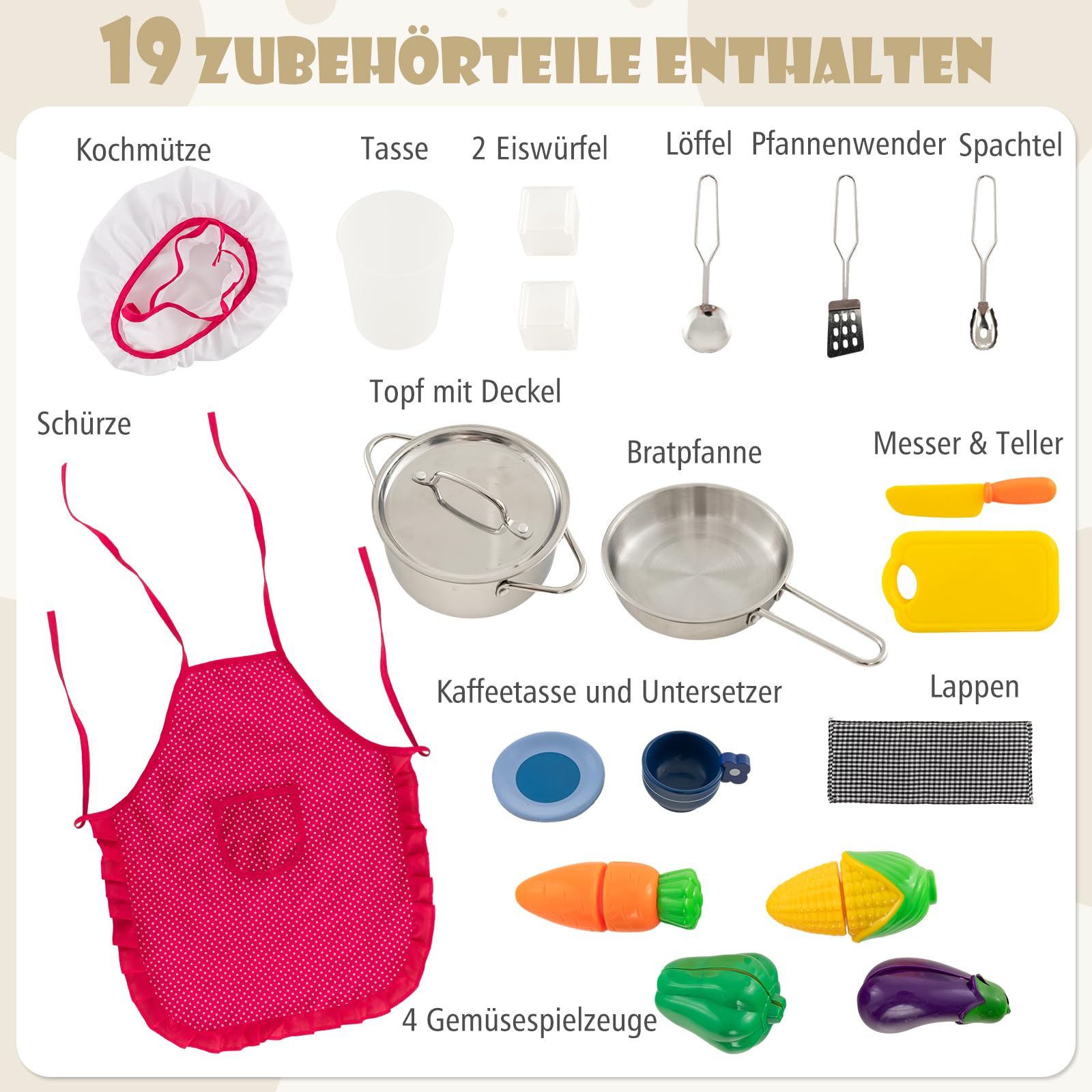COSTWAY Kinderküche inkl. Zubehör, Spielküche Holz mit einstellbaren LED-Lichtern, abnehmbaren Stoffkörben & Regalen, Spielzeugküche mit Kaffeemaschine & Kühlschrank, für Kinder ab 3 Jahren