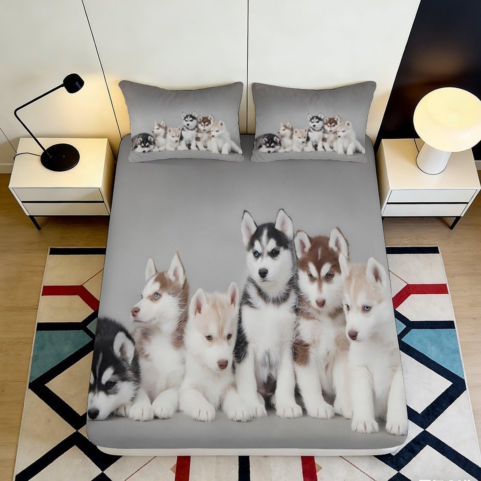 3D Printed Husky Puppy Fitted Sheet Microfiber Soft Grey Dog Bed Cover for Bedroom Dorm Mattress Protection Decor 90x200x25cm