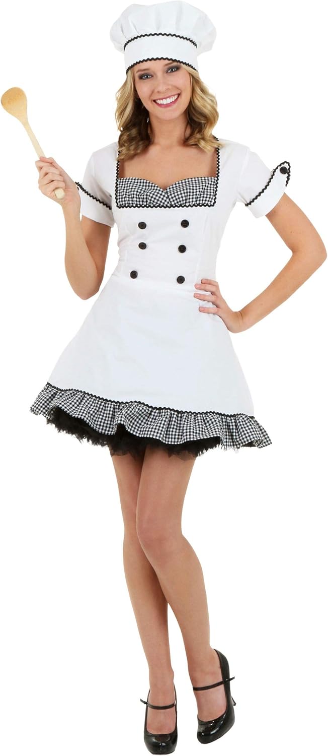 Womans Attractive Chef Costume, Culinary Artist White Poplin Dress With Gingham Skirt, Puffed Sleeves, And Chef's Toque Hat