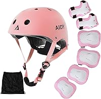 Vista 1 de AIDY Casco de bicicleta para niños, casco ajustable para niñas y niños, rodilleras, coderas, muñequeras, conjunto de equipo de protección