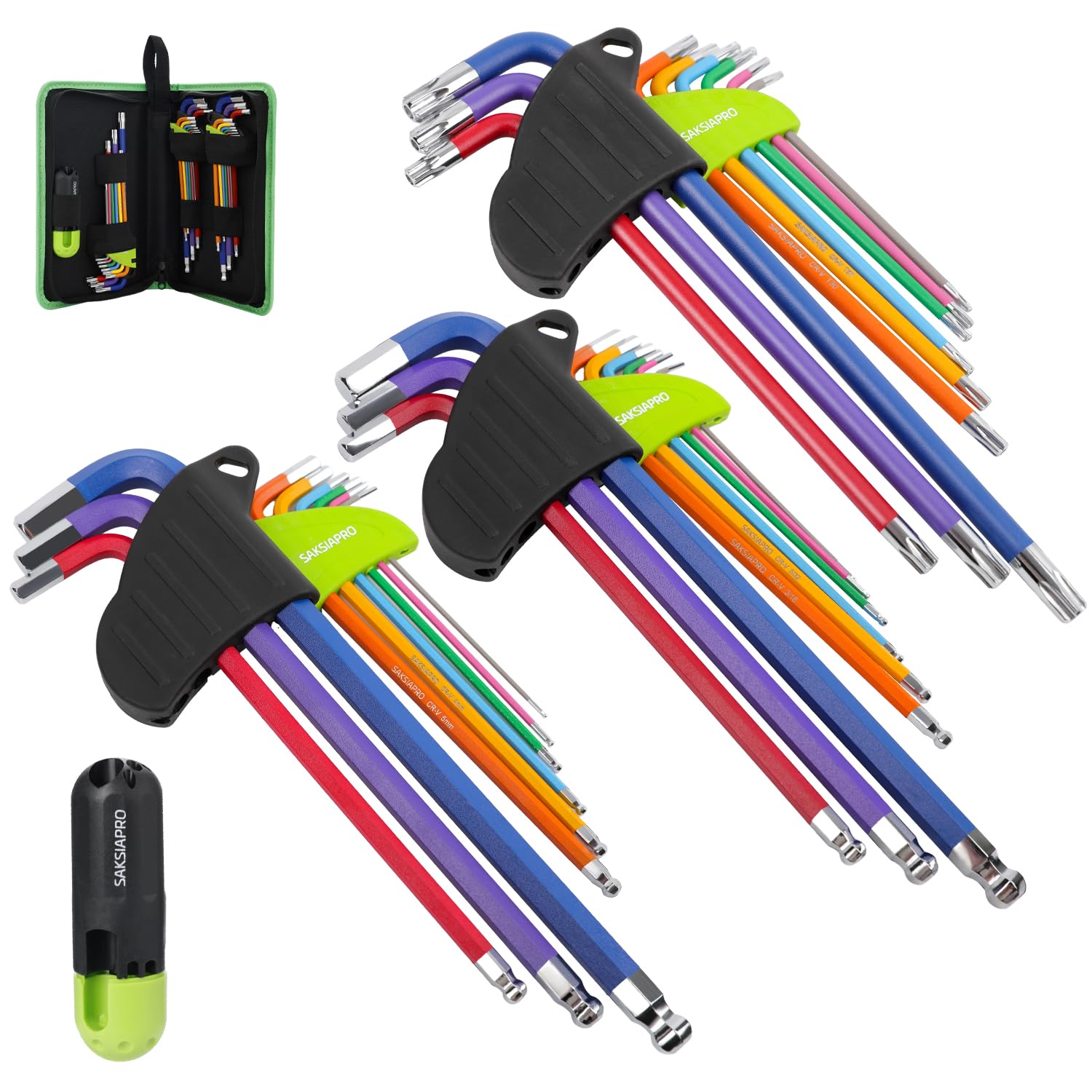 Set di chiavi a brugola con estremità sferica, 29 pezzi, set di chiavi a brugola metriche (1,5 mm-10 mm) e SAE (1/16"-3/8"), set di chiavi a brugola Torx Star (T10-T50), manico a T e