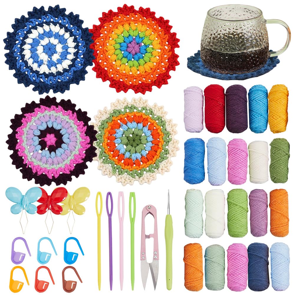 SUNNYCLUE Crochet Coasters Kit Knitting Starter Kit with Step-by-Step Video Tutorials Instructions Easy to Learn Flower Coaster Crochet Yarn for Beginners Adults Women Holiday DIY Craft Gifts