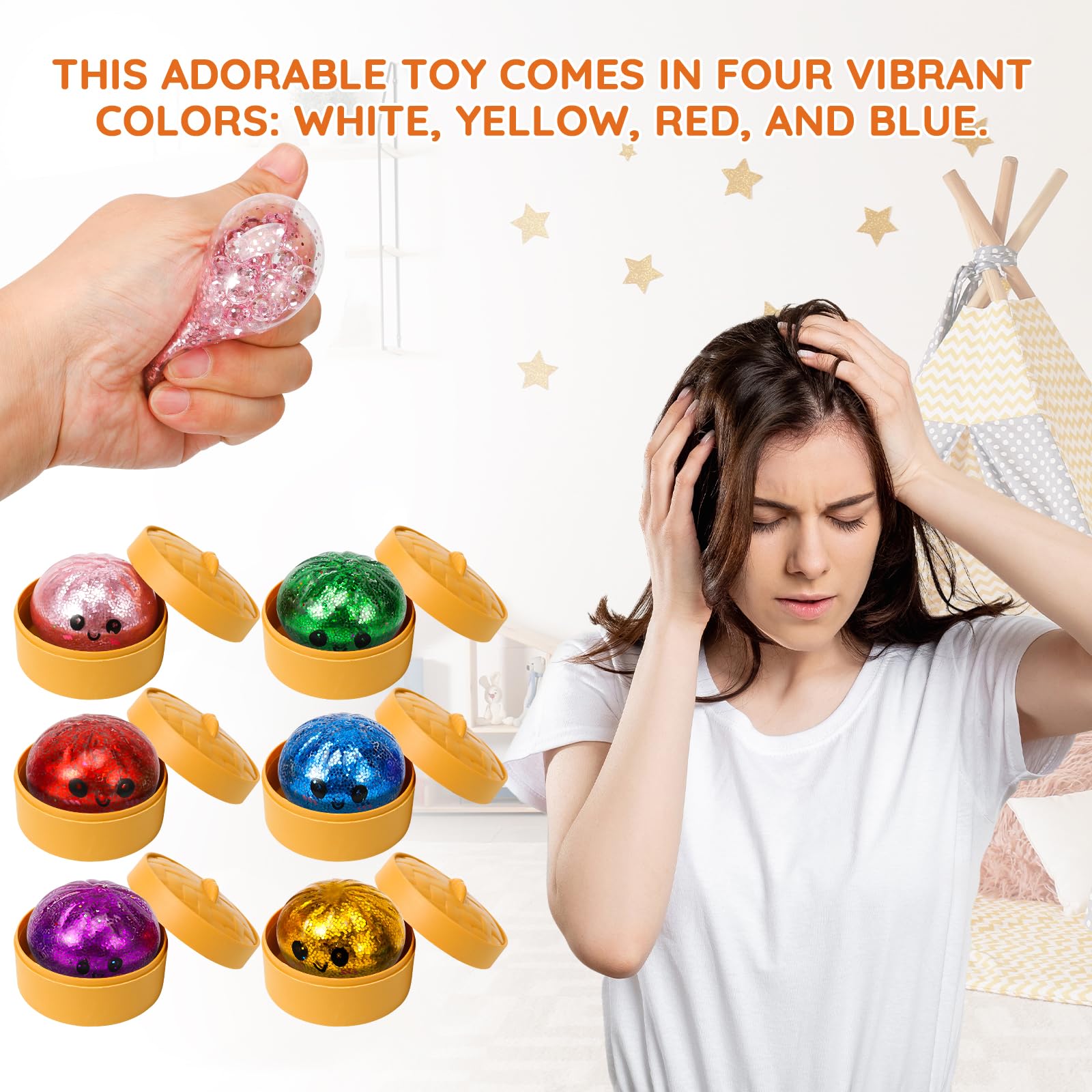 12 pezzi Mystery Dumplings Squishy Buns con scatola per cottura a vapore, giganti gnocchi glitterati, set da gioco sensoriale, per alleviare lo stress e la coordinazione, per bambini e adulti (B)