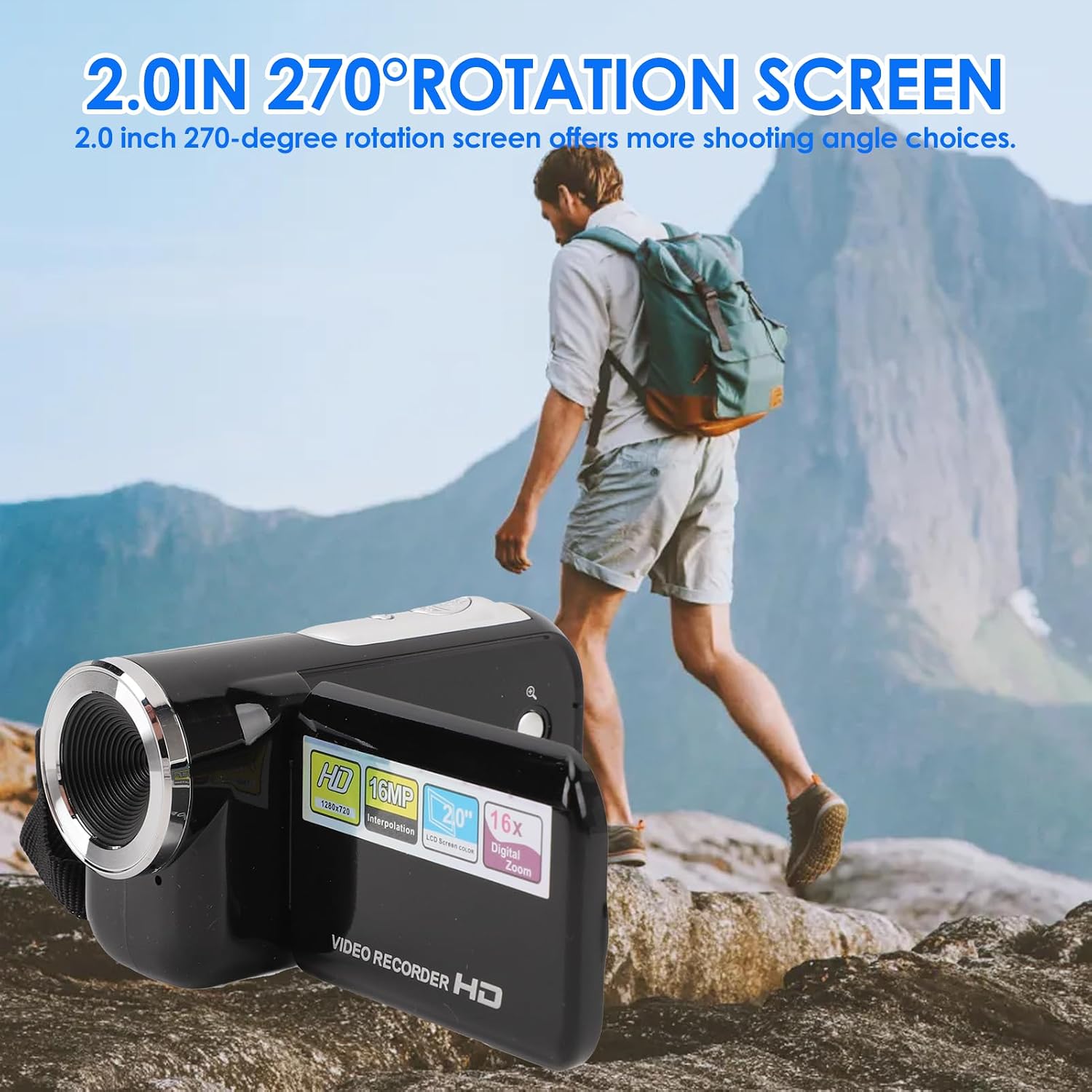 Diyeeni Digital Camera Recorder, Full HD 1080P 16MP Video Camera Camcorder, 2.0 Inch 270 Degree Rotation Screen, 16X Digital Zoom, Self Timer, Video Recorder Vlogging Cameras