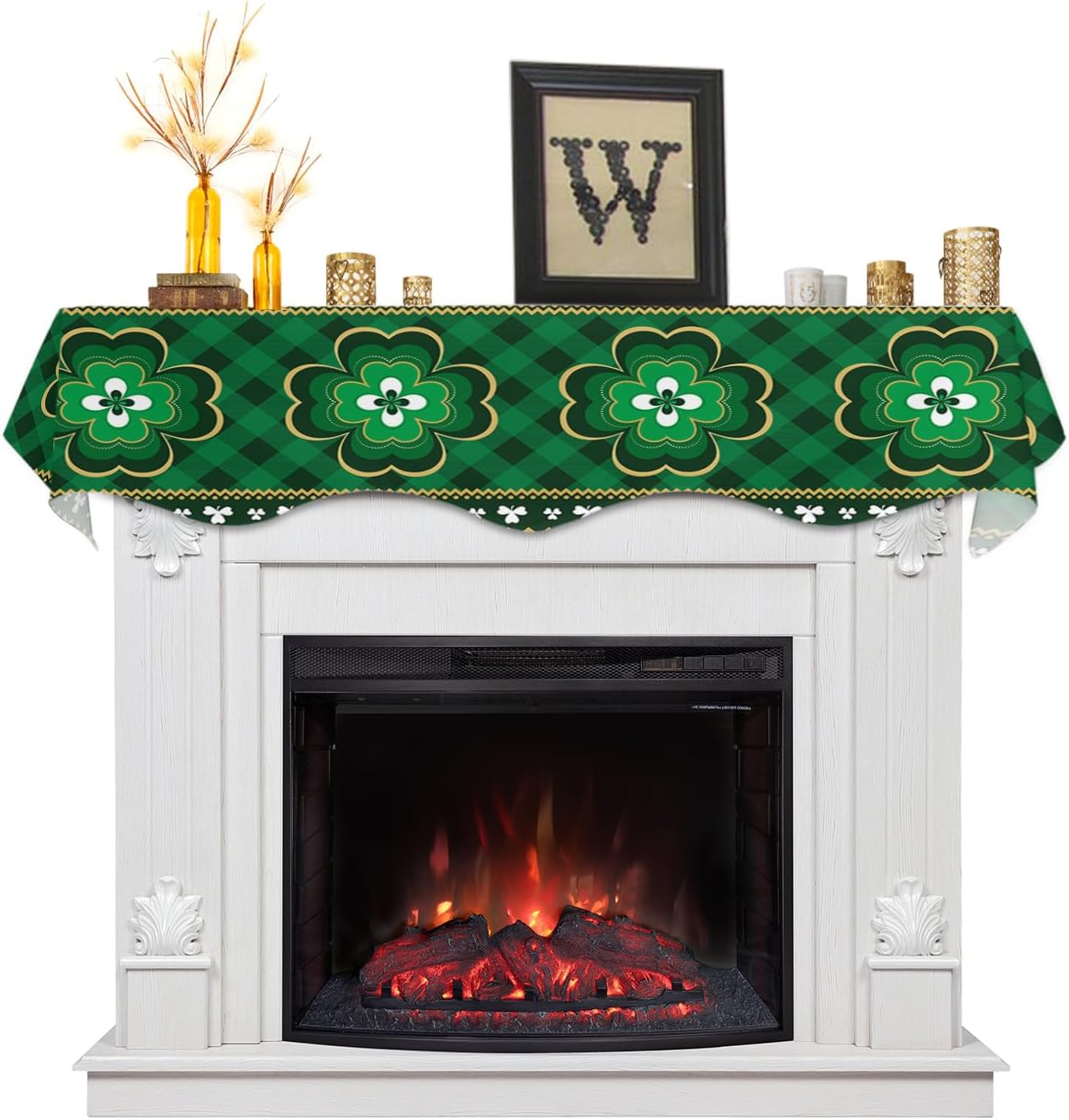 T&H XHome Mantel Scarf - Modern Fireplace Table Runner St Patricks Day Vintage Shamrock Green Golden Plaid Tabletop Scarf for Fireplace Top Runner Window Protector 90"x17"