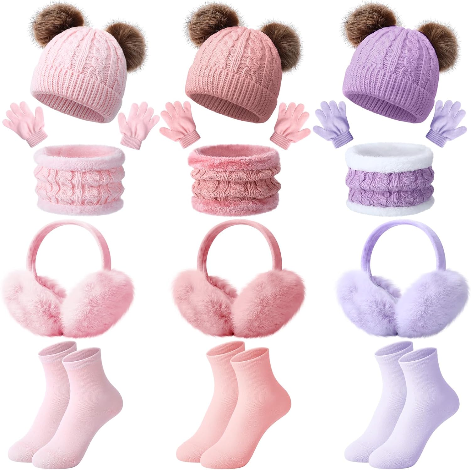 15 Pcs Kids Set Winter Hat Beanie Hat Scarf Gloves Earmuffs Socks Set Wool Warm Cap with Pompom for Girls Boys 4-10 Years Old